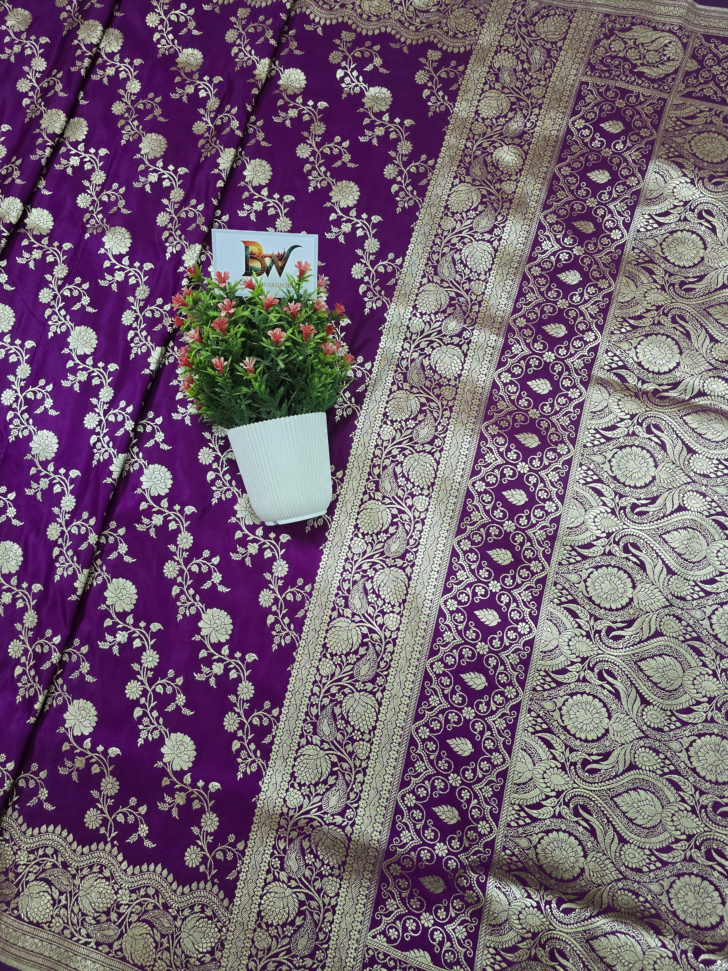 Malai Katan Satin Silk Banarasi Saree - Purple Body with All Over Jaal