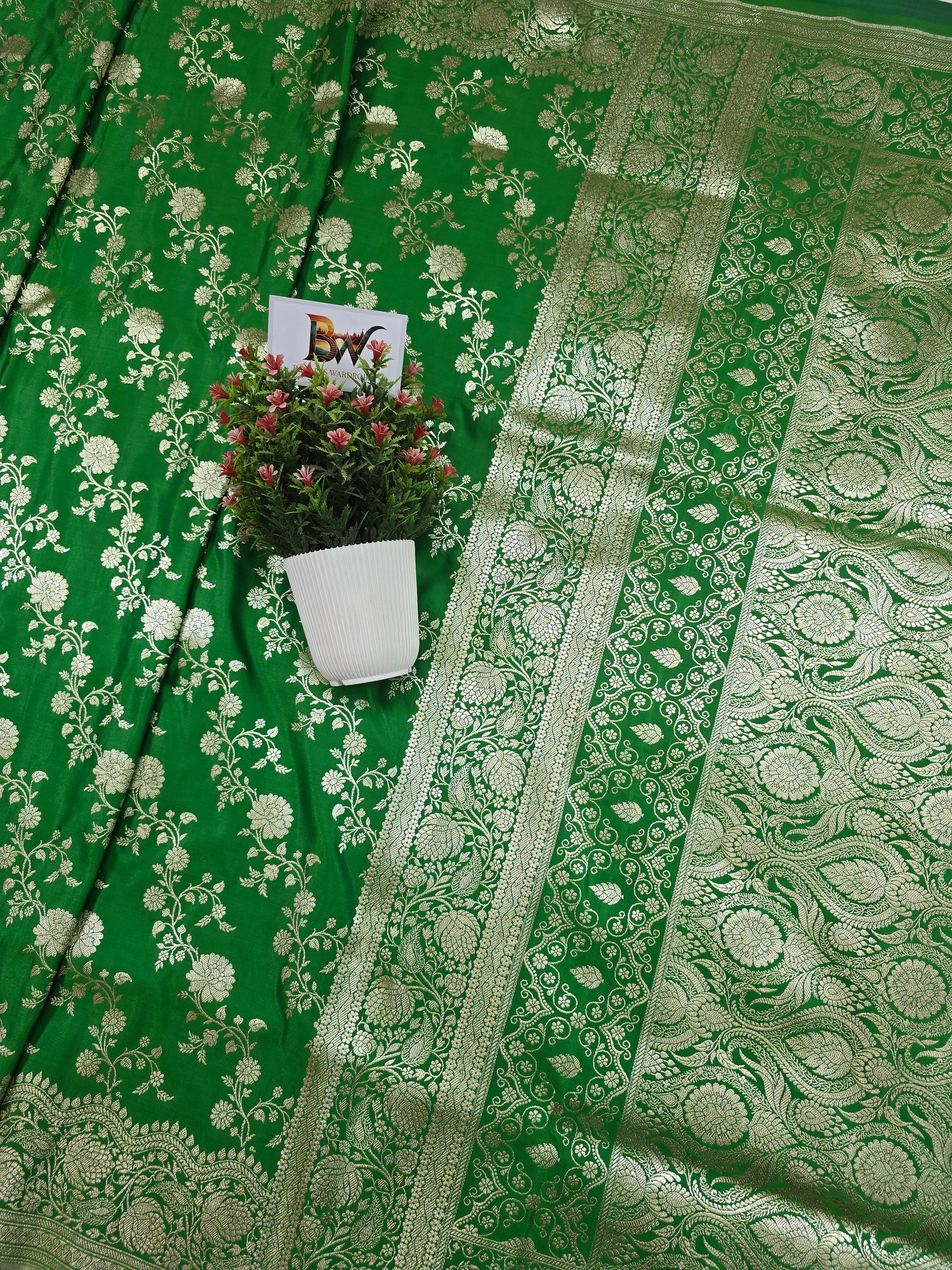 Malai Katan Satin Silk Banarasi Saree - Green Body with All Over Jaal