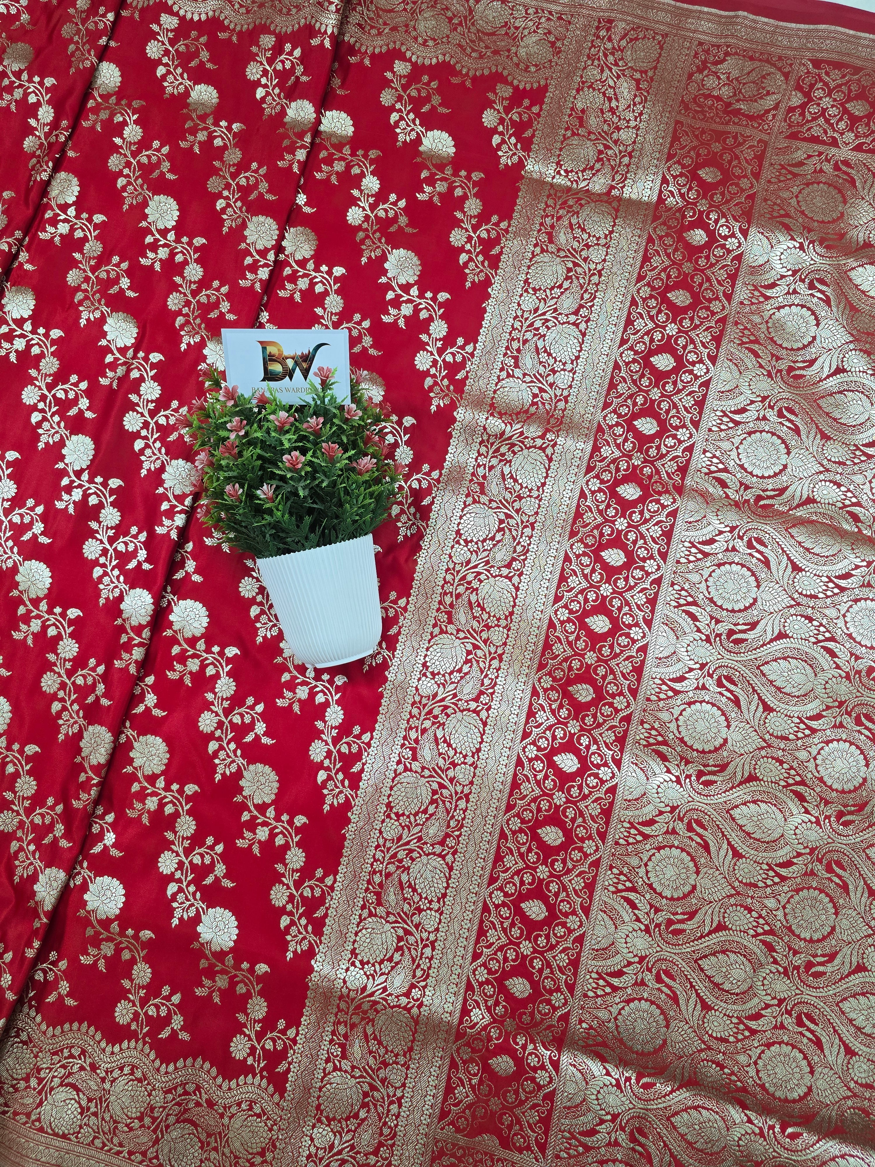 Malai Katan Satin Silk Banarasi Saree - Red Body with All Over Jaal
