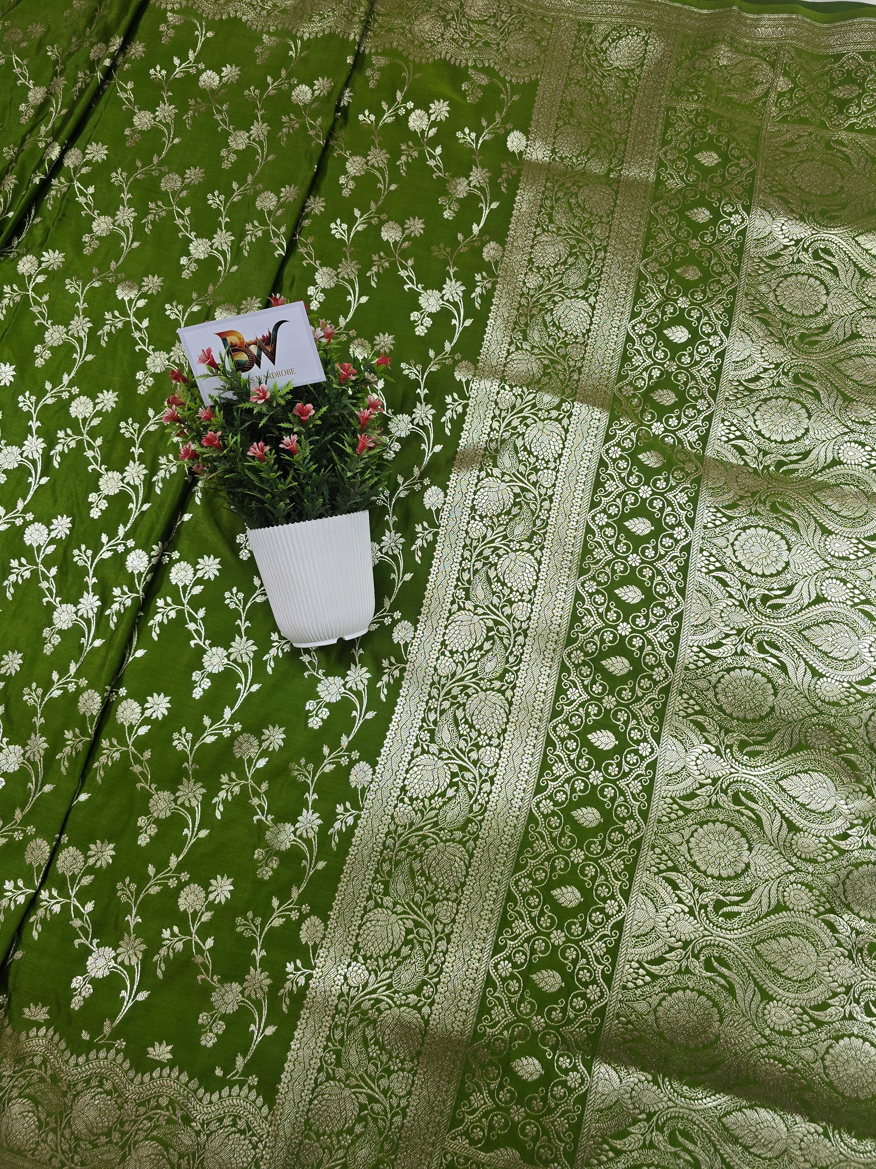 Malai Katan Satin Silk Banarasi Saree - Pista Green Body with All Over Jaal