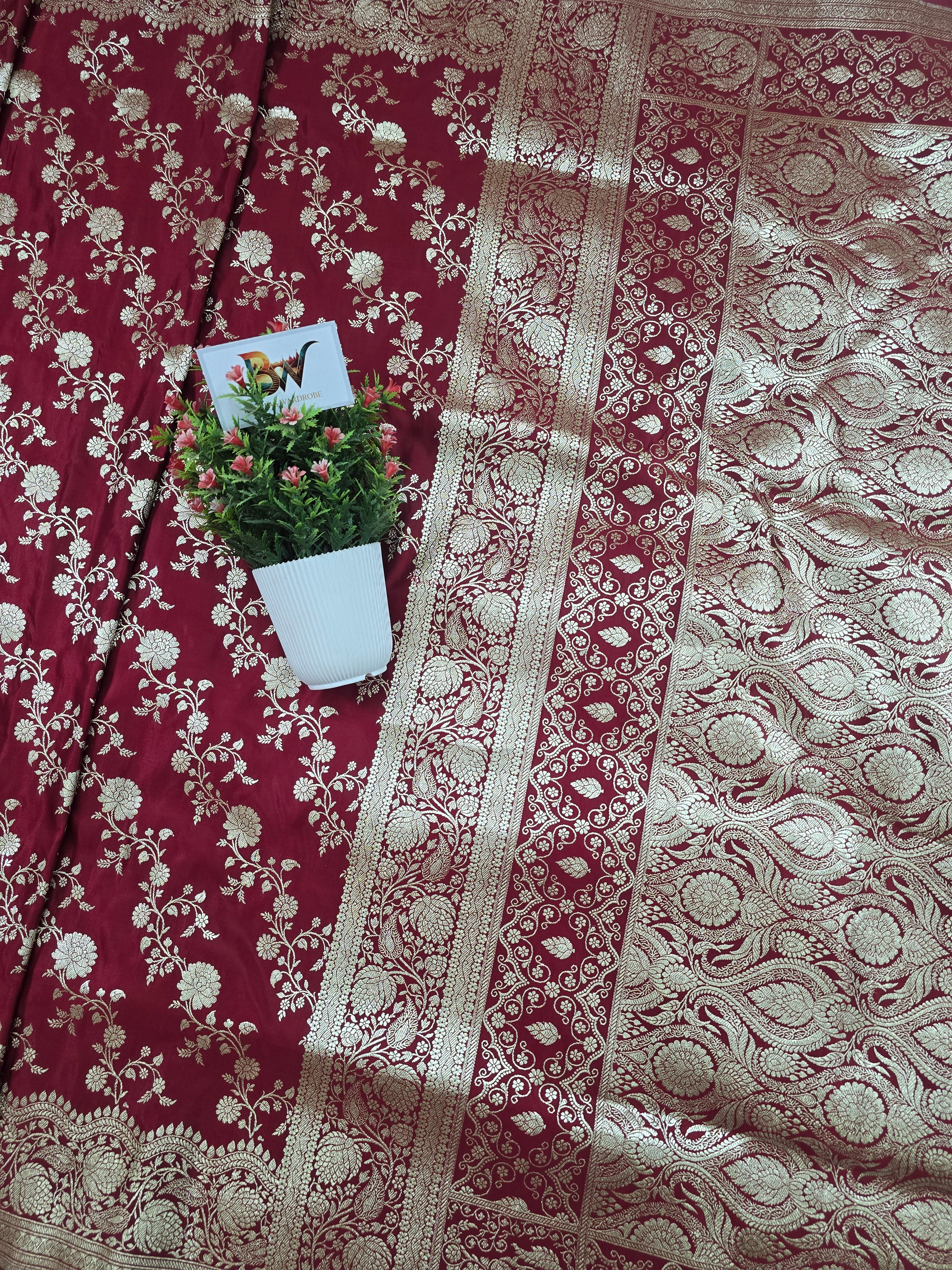 Malai Katan Satin Silk Banarasi Saree - Maroon Body with All Over Jaal