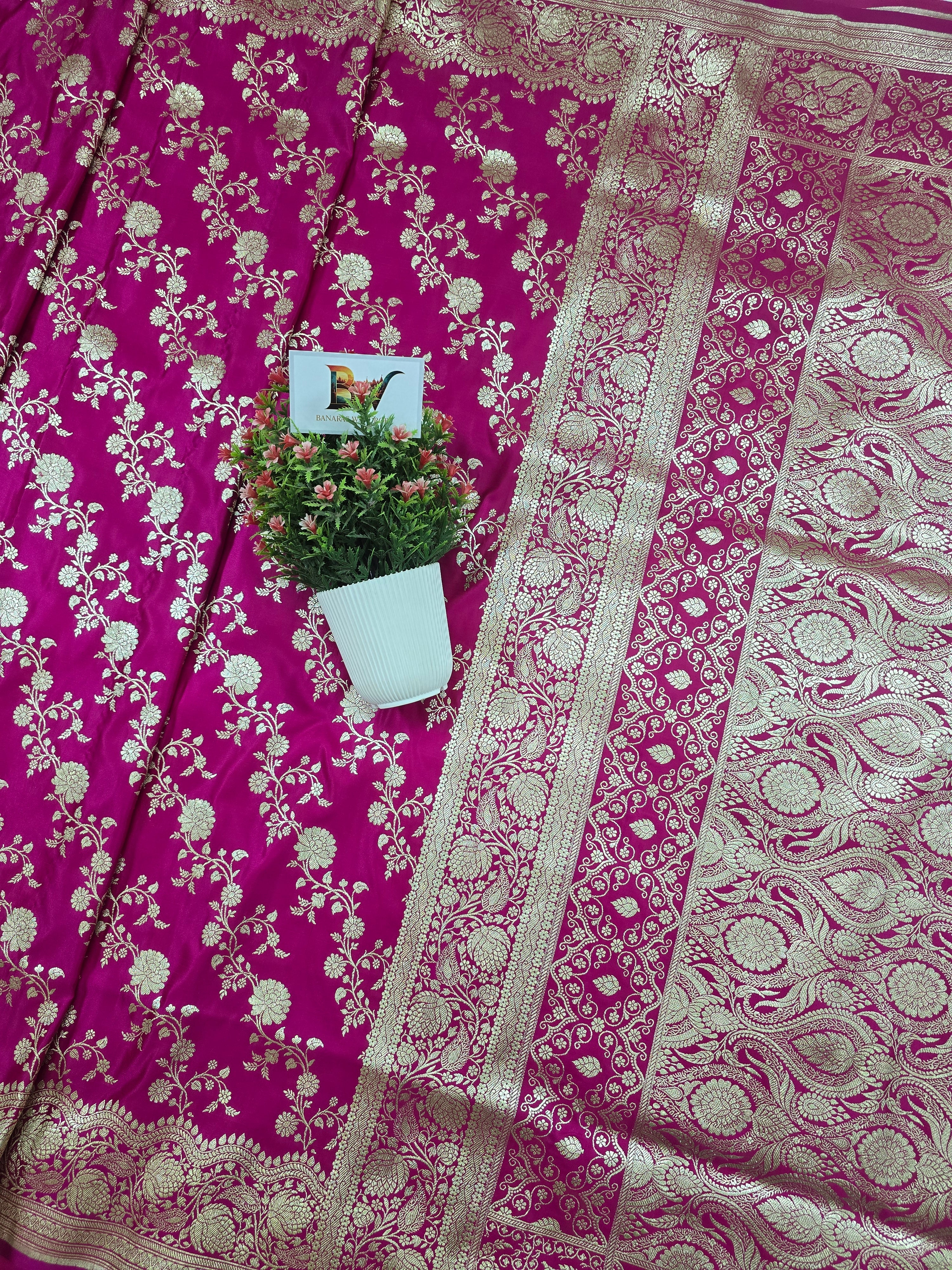 Malai Katan Satin Silk Banarasi Saree - Rani Pink Body with All Over Jaal