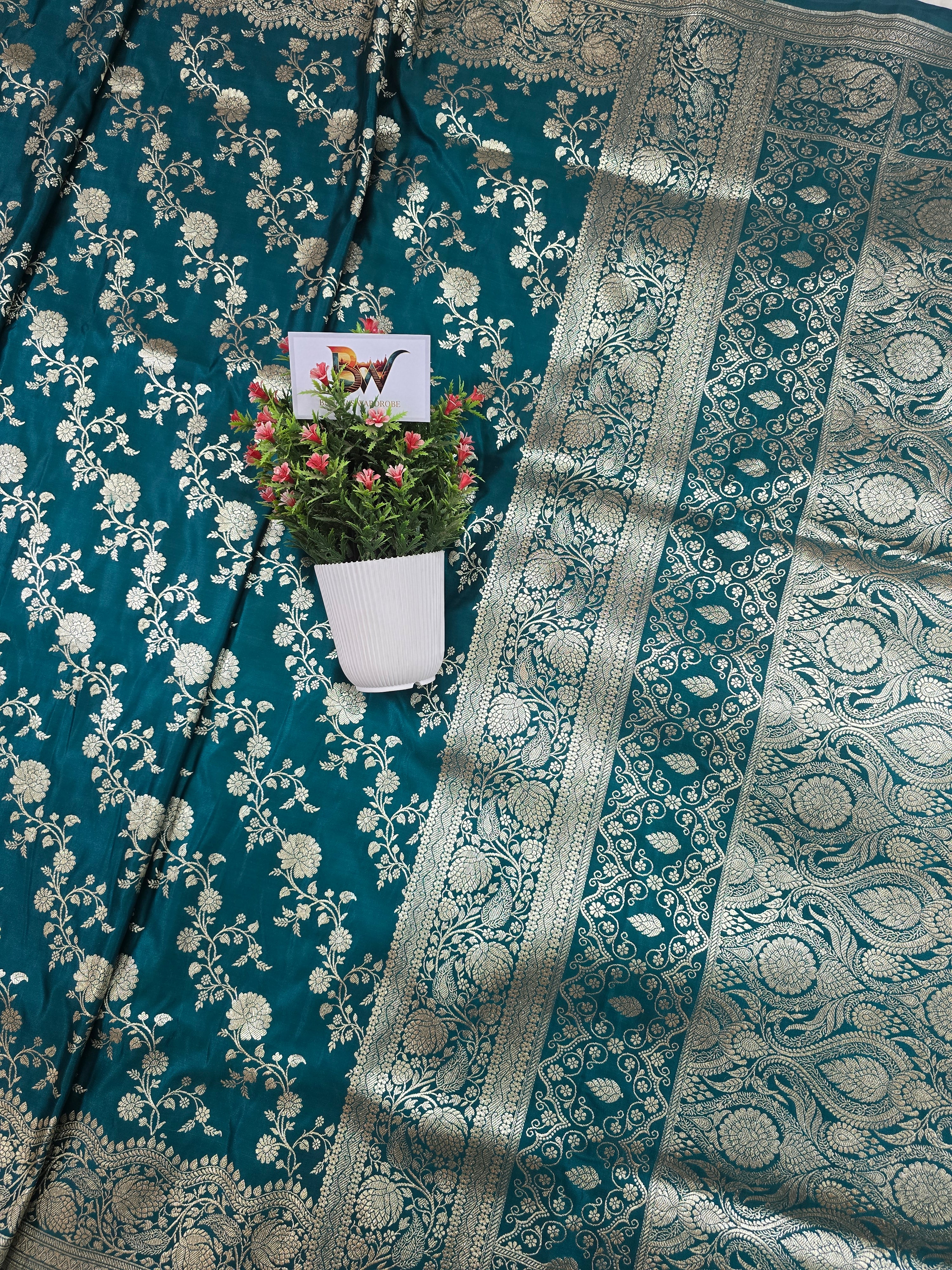 Malai Katan Satin Silk Banarasi Saree - Firozi Blue Body with All Over Jaal