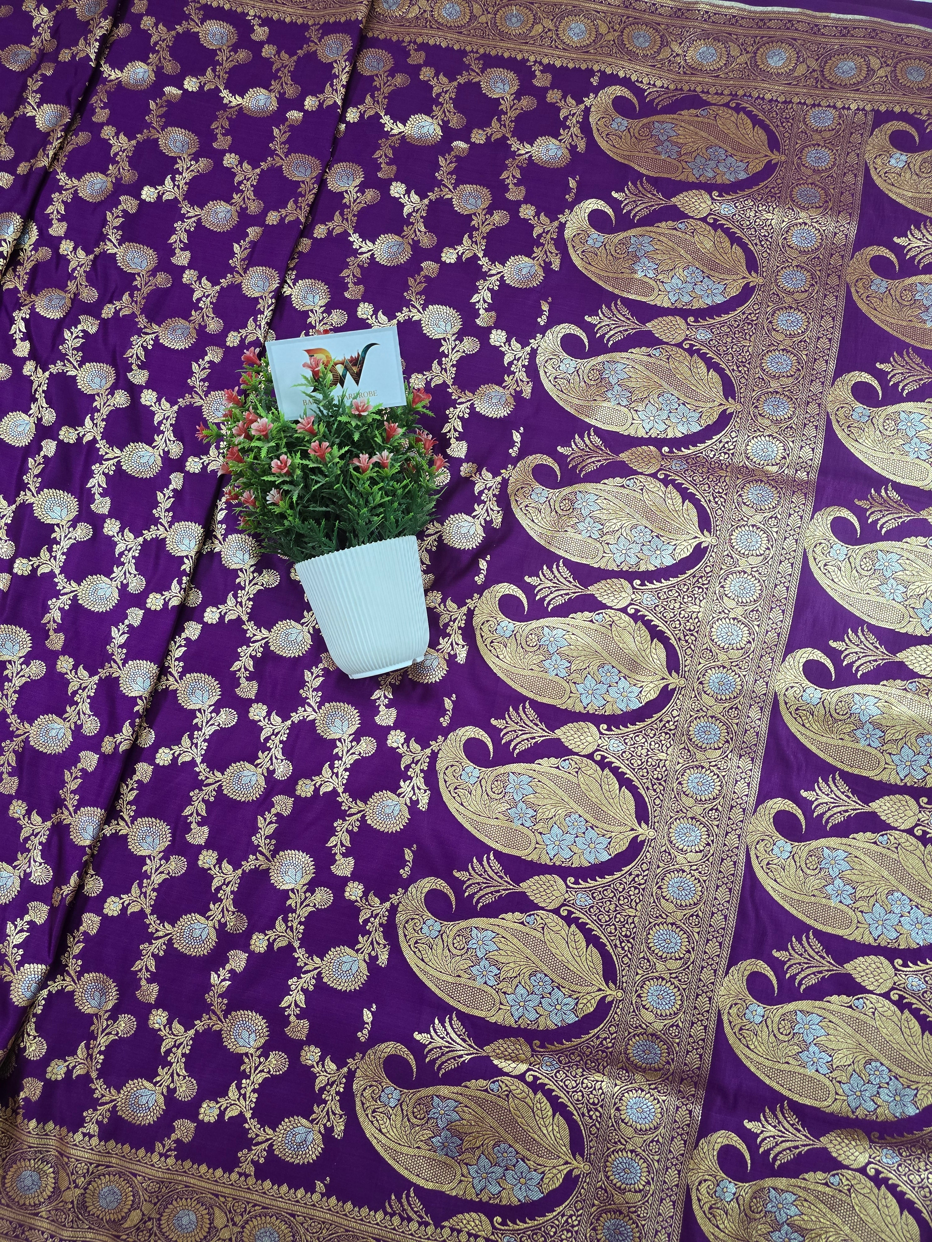 Satin Malai Katan Silk Banarasi Saree – Sona Roopa Zari Meenakari Jaal