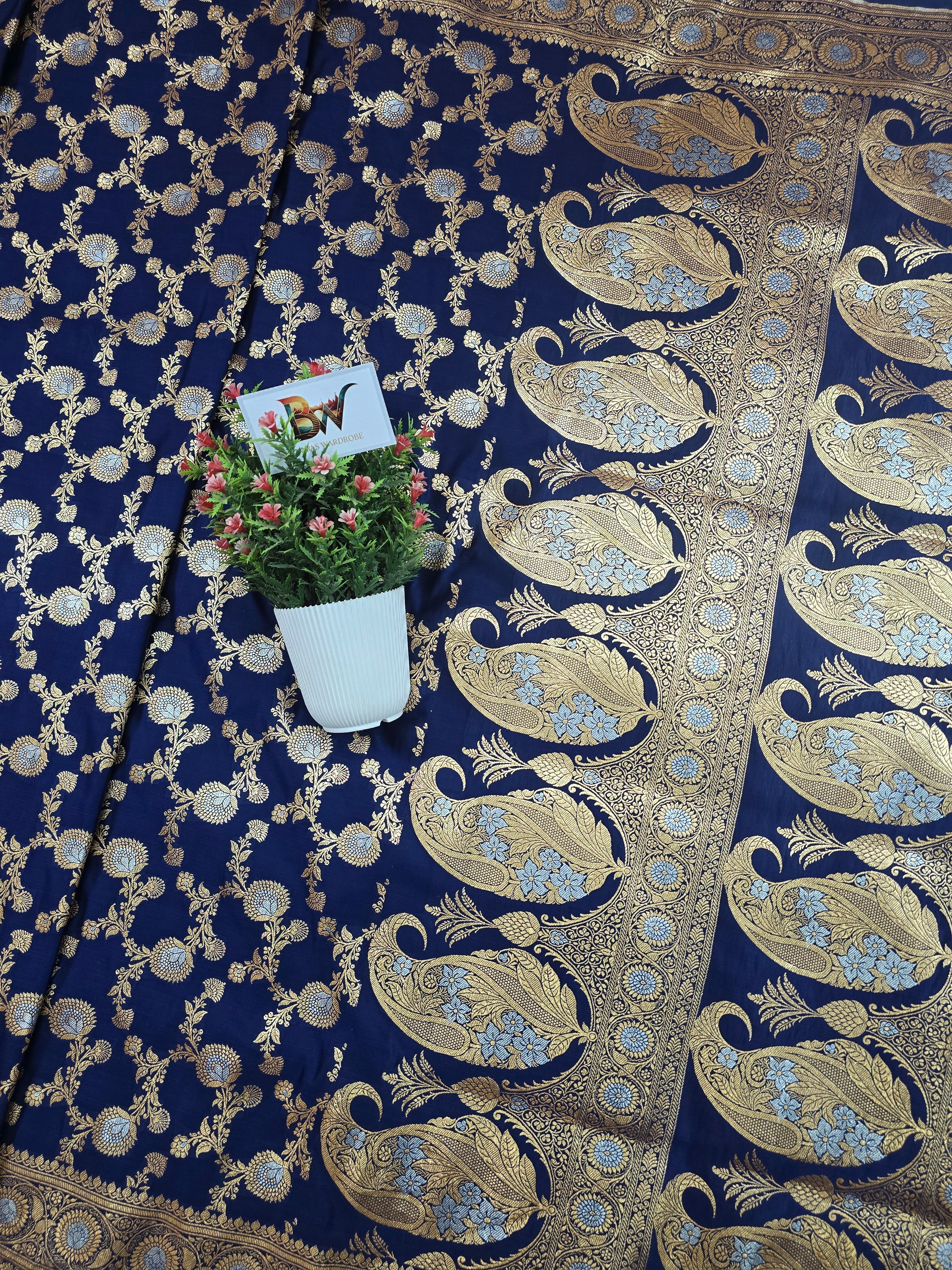 Satin Malai Katan Silk Banarasi Saree – Sona Roopa Zari Meenakari Jaal