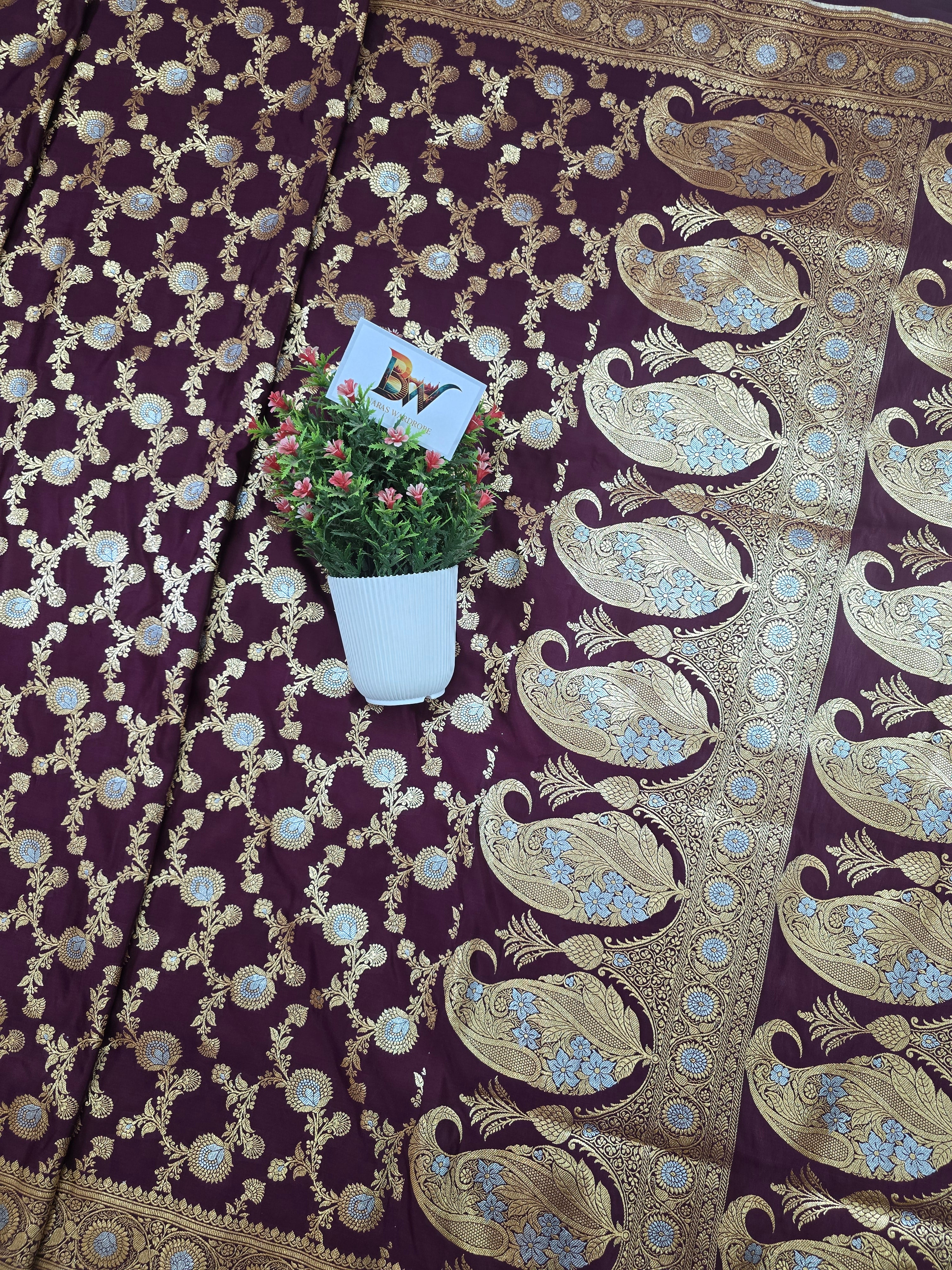 Satin Malai Katan Silk Banarasi Saree – Sona Roopa Zari Meenakari Jaal