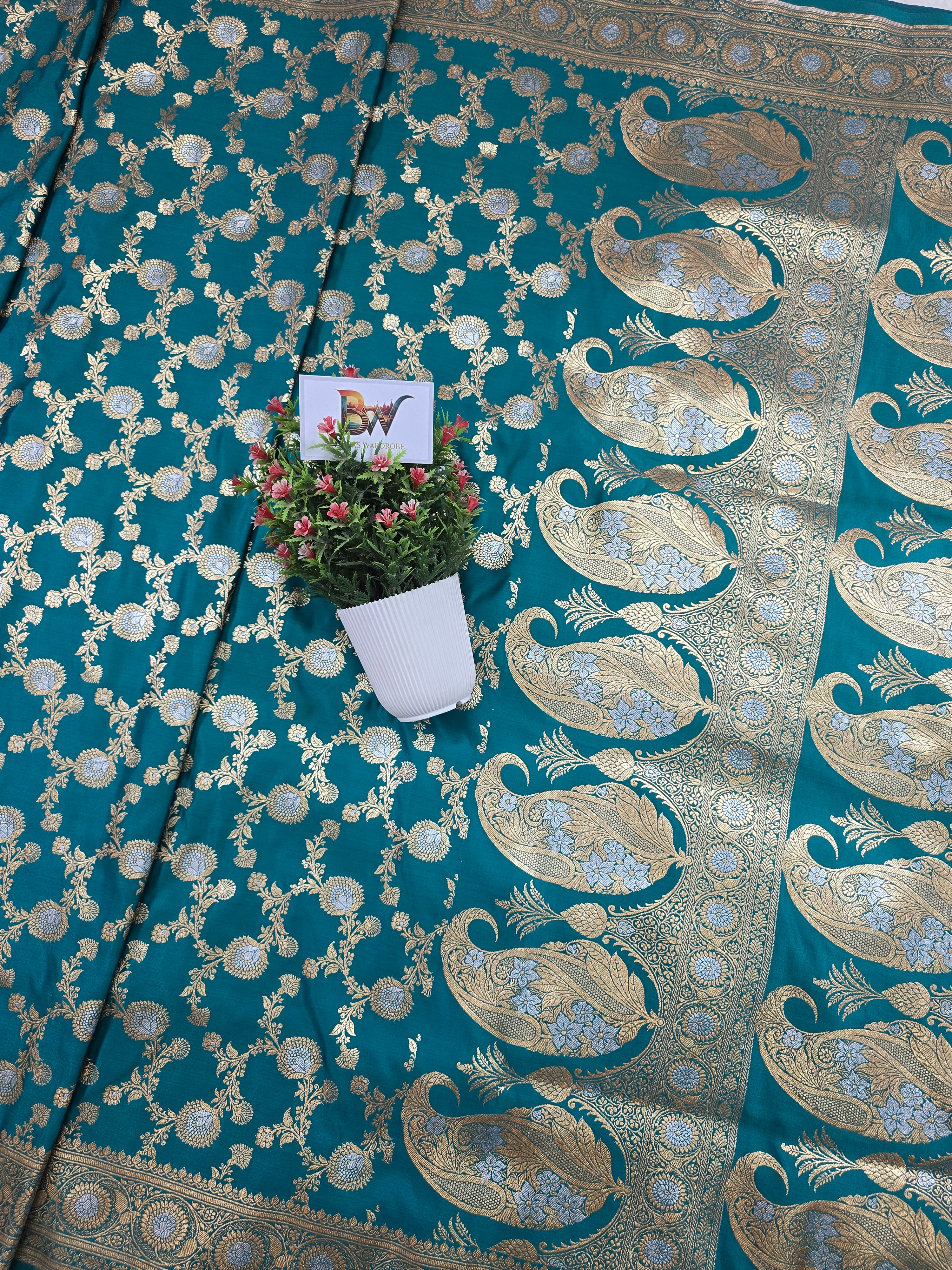 Satin Malai Katan Silk Banarasi Saree – Sona Roopa Zari Meenakari Jaal