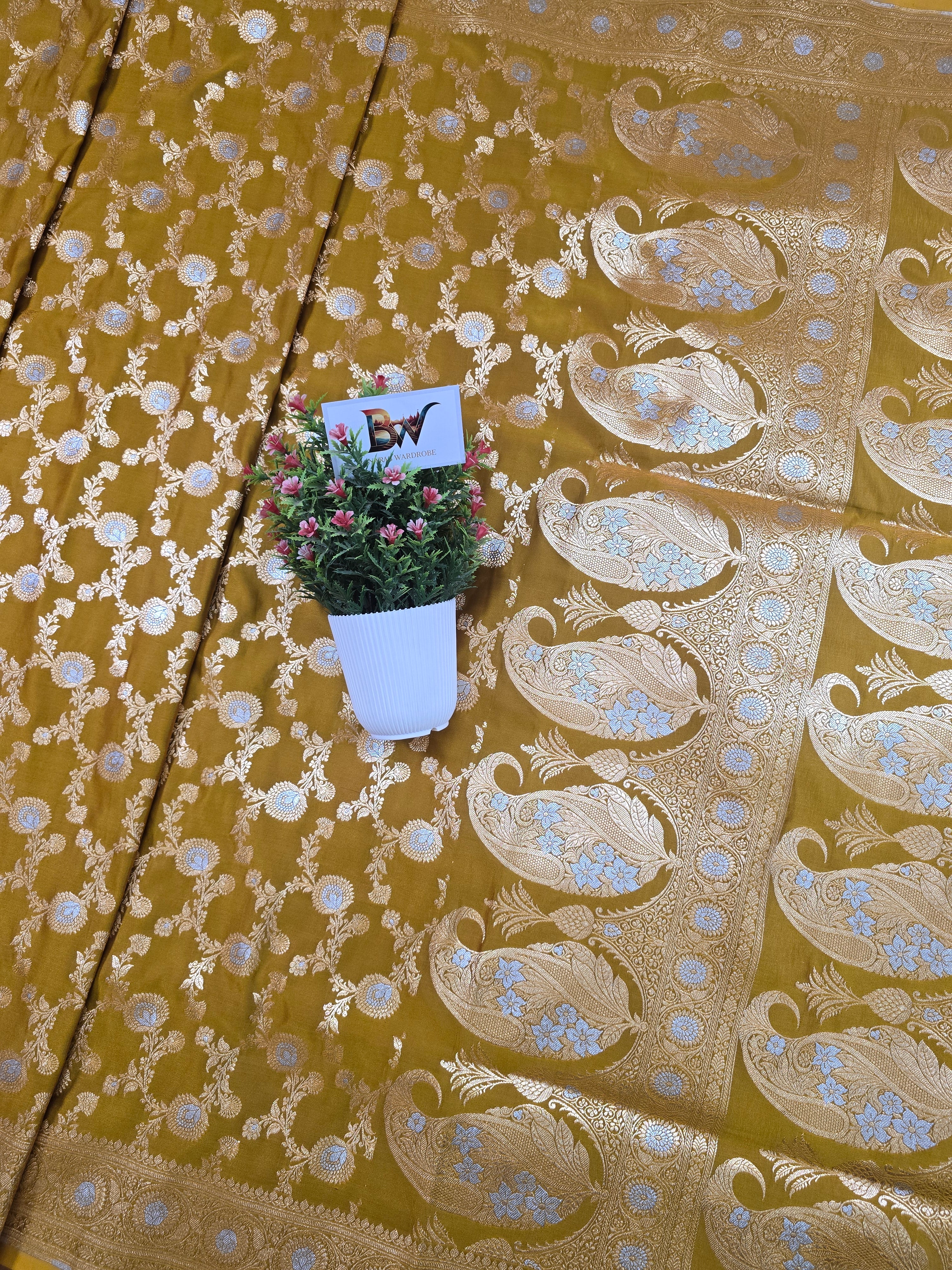 Satin Malai Katan Silk Banarasi Saree – Sona Roopa Zari Meenakari Jaal