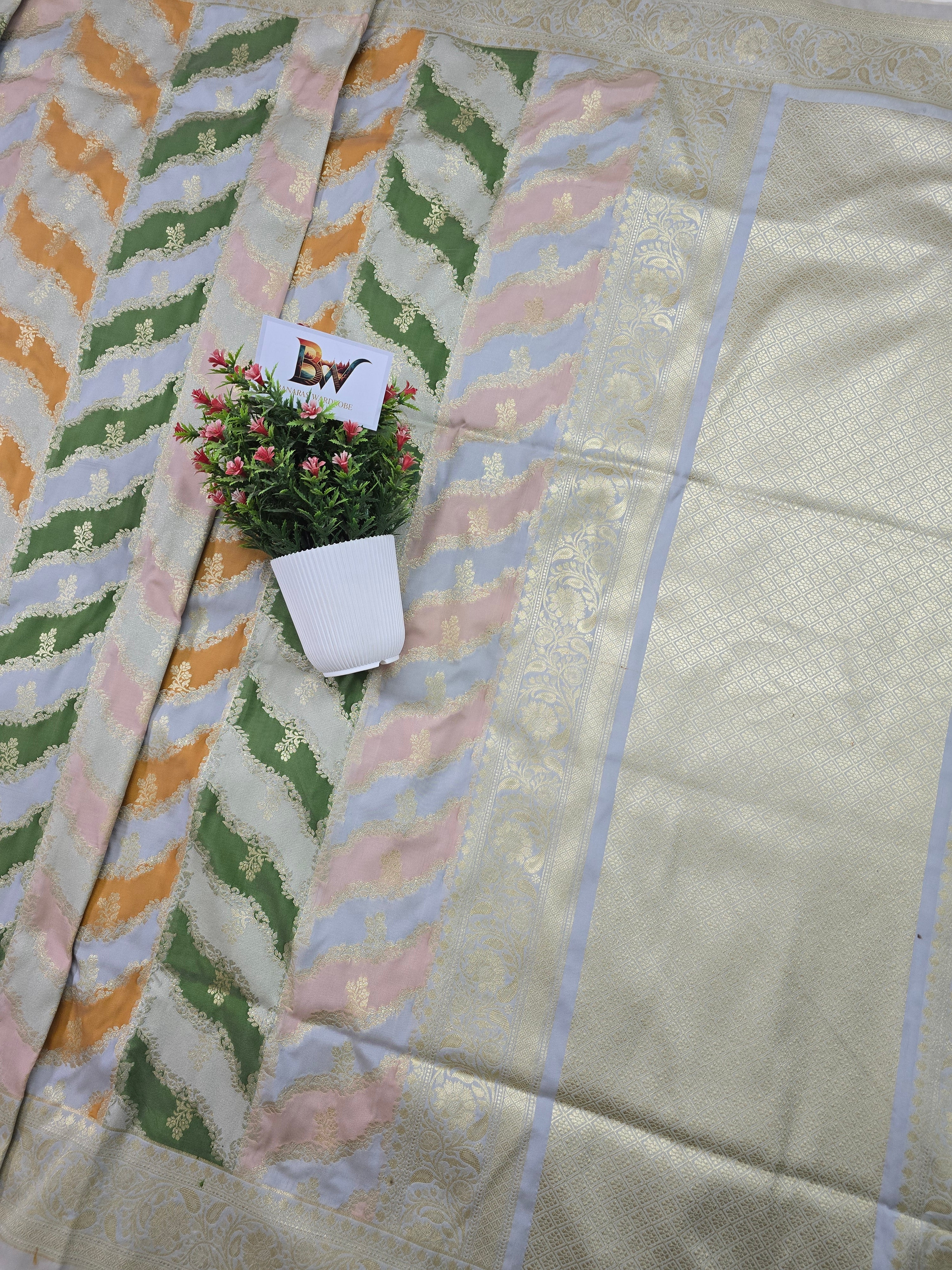 Pauri Katan Silk Rangkaat Jaal Banarasi Saree – Multicolor Weave with Zari Floral Border