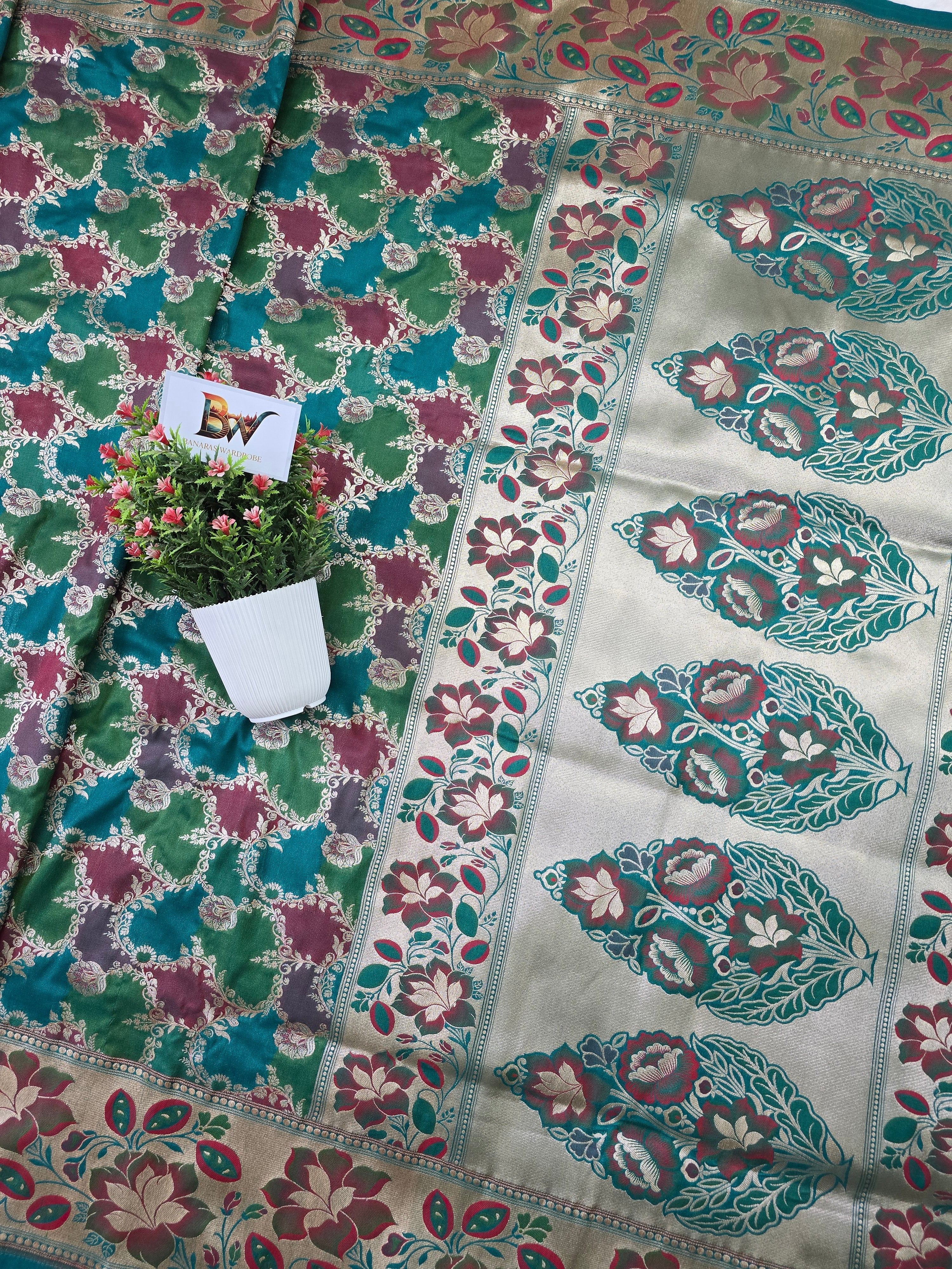 Pauri Katan Silk Rangkaat Banarasi Saree – Multicolor Jaal Weave with Floral Meenakari Border