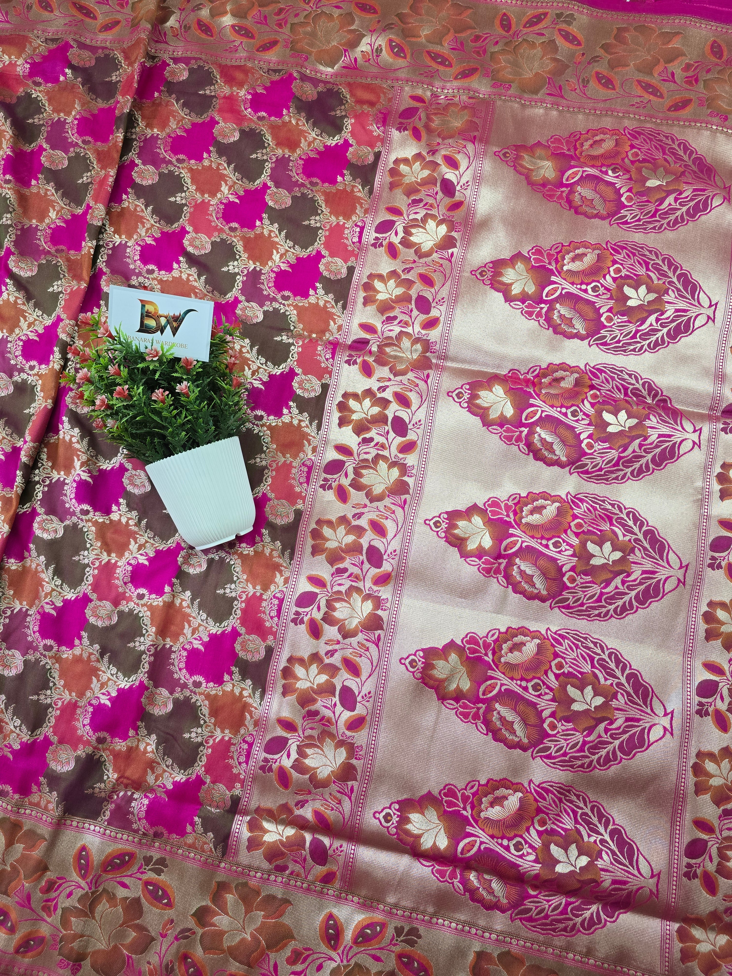 Pauri Katan Silk Rangkaat Banarasi Saree – Multicolor Jaal Weave with Floral Meenakari Border