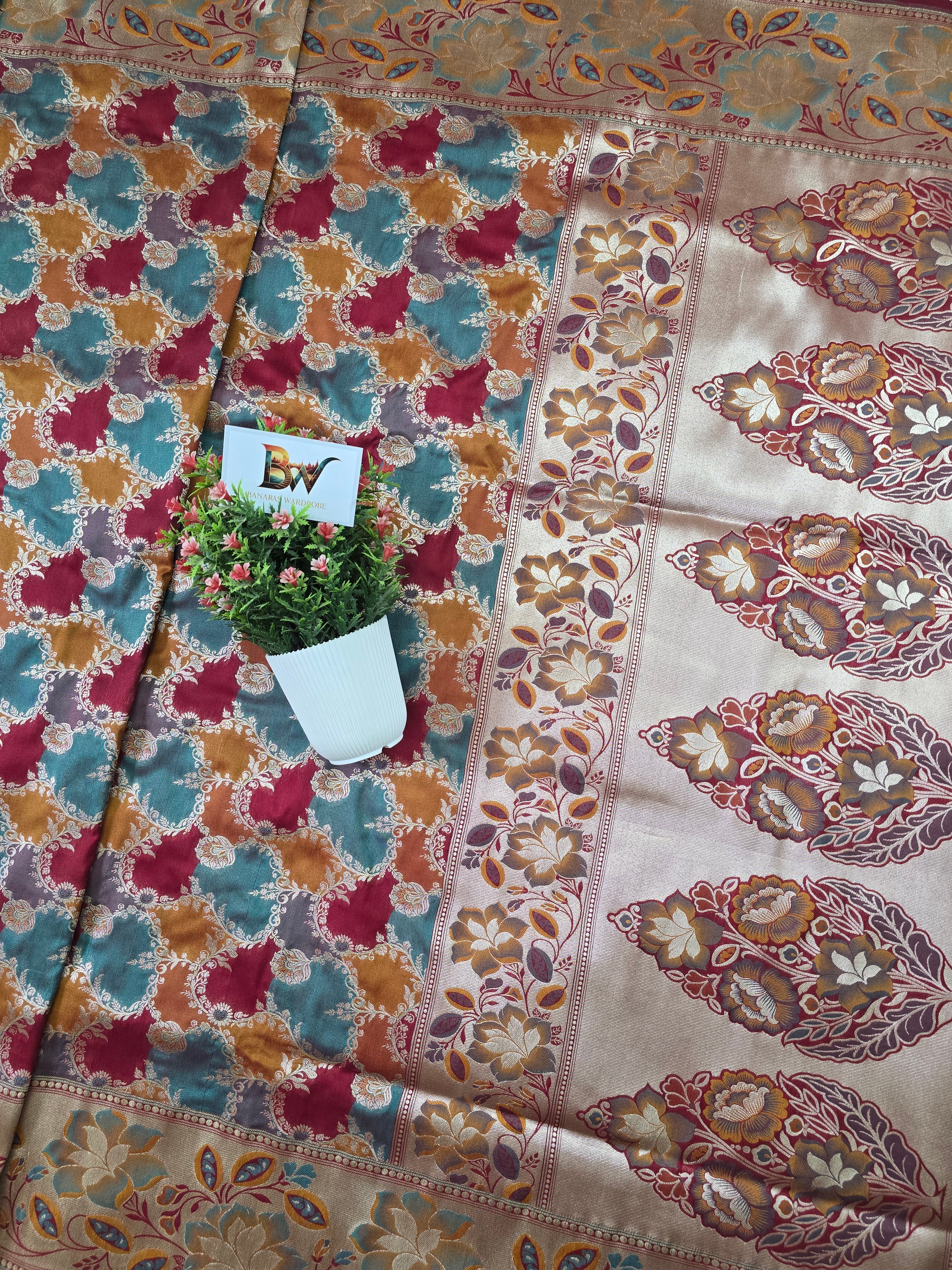 Pauri Katan Silk Rangkaat Banarasi Saree – Multicolor Jaal Weave with Floral Meenakari Border
