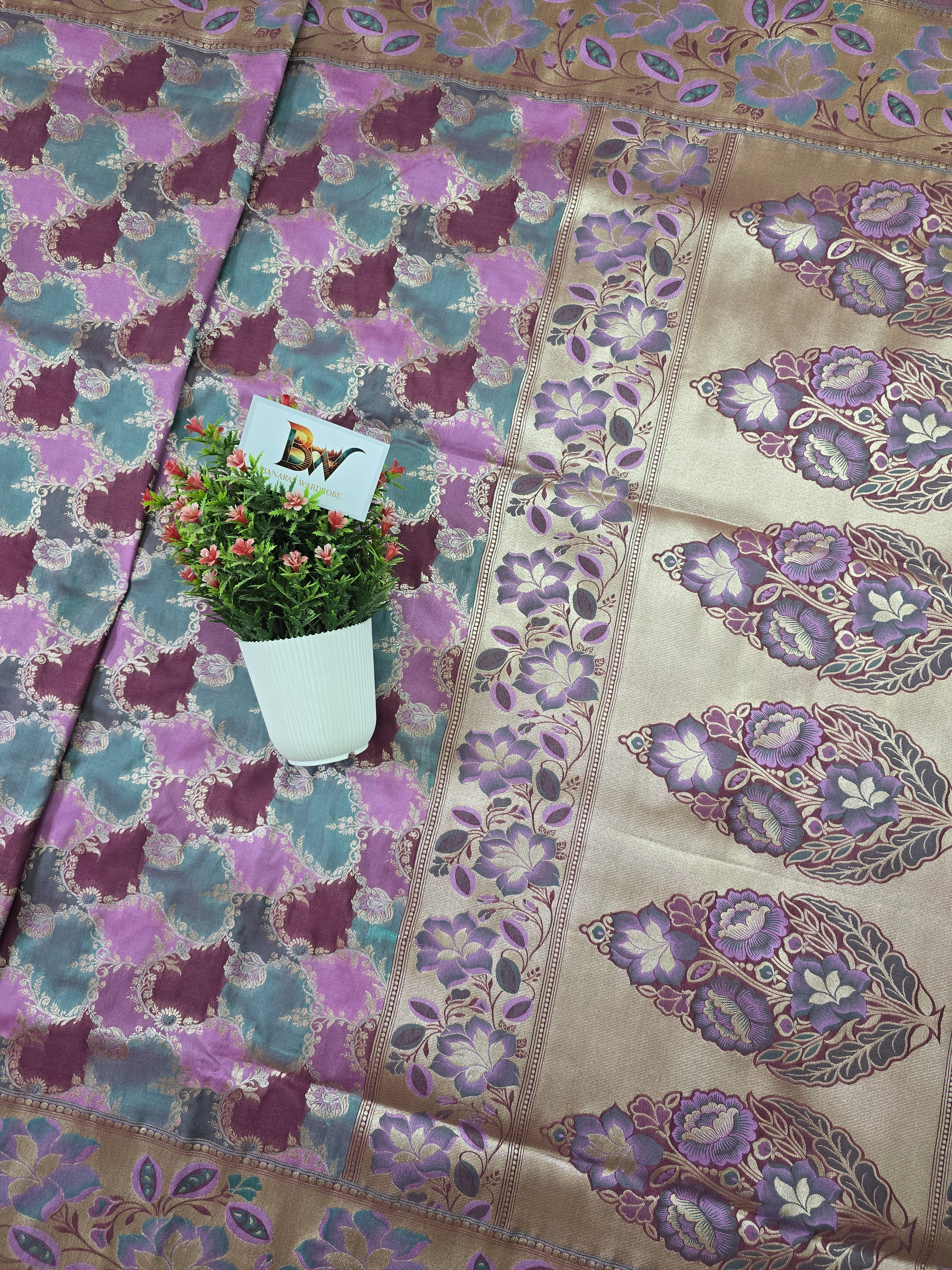 Pauri Katan Silk Rangkaat Banarasi Saree – Multicolor Jaal Weave with Floral Meenakari Border