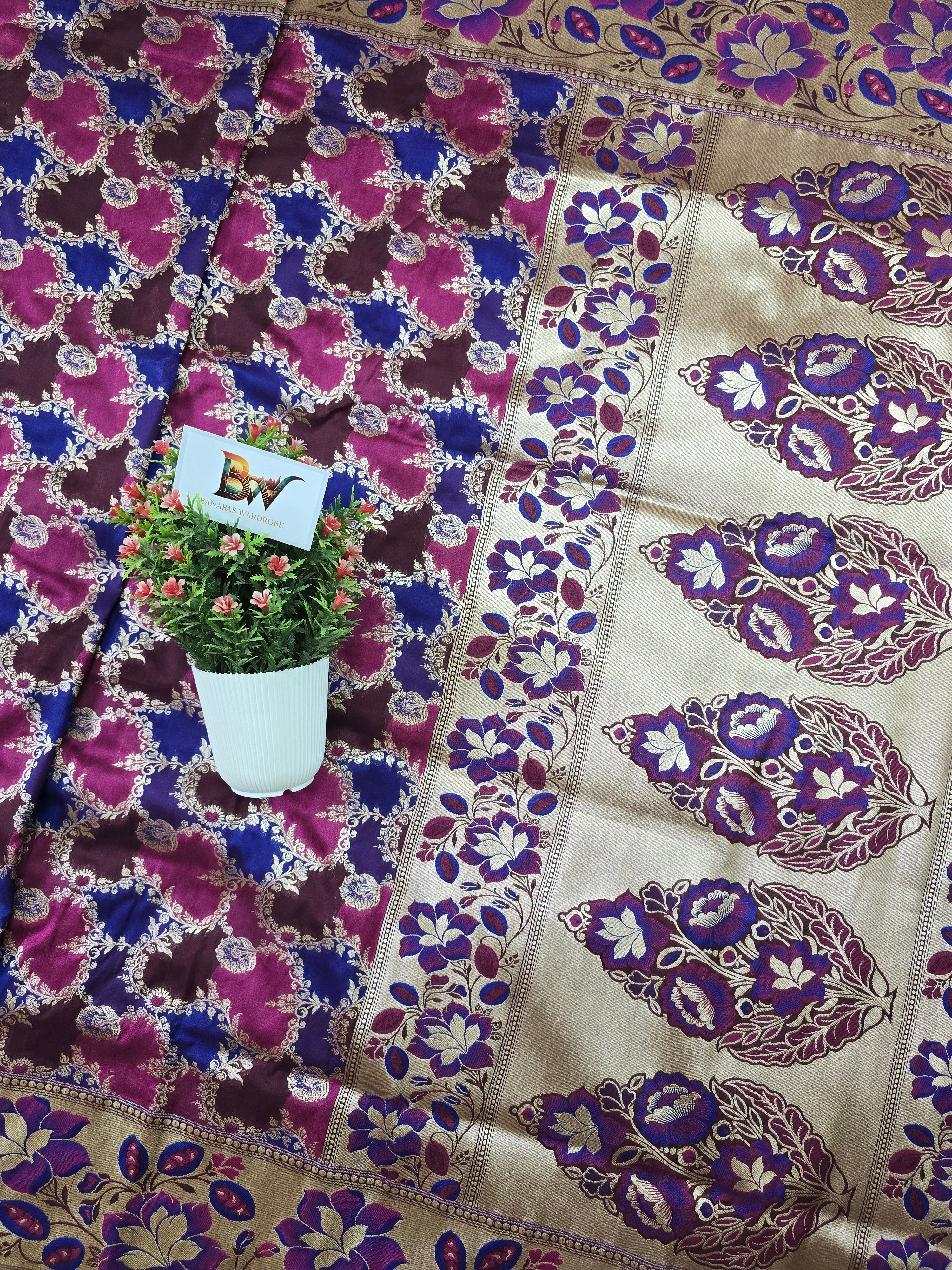 Pauri Katan Silk Rangkaat Banarasi Saree – Multicolor Jaal Weave with Floral Meenakari Border