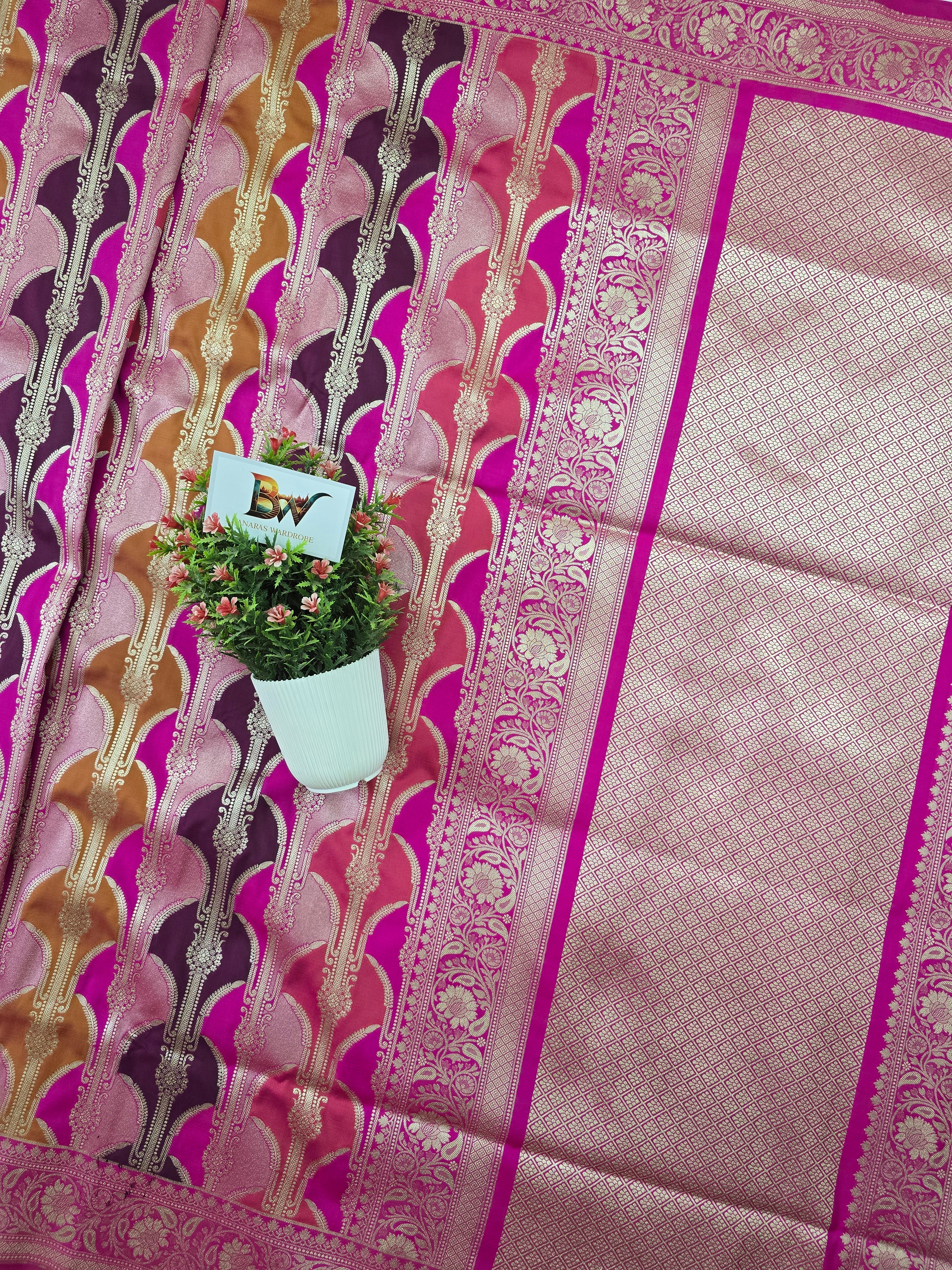 Pauri Katan Silk Rangkaat Banarasi Saree – Multicolor Weave with Floral Jaal Border