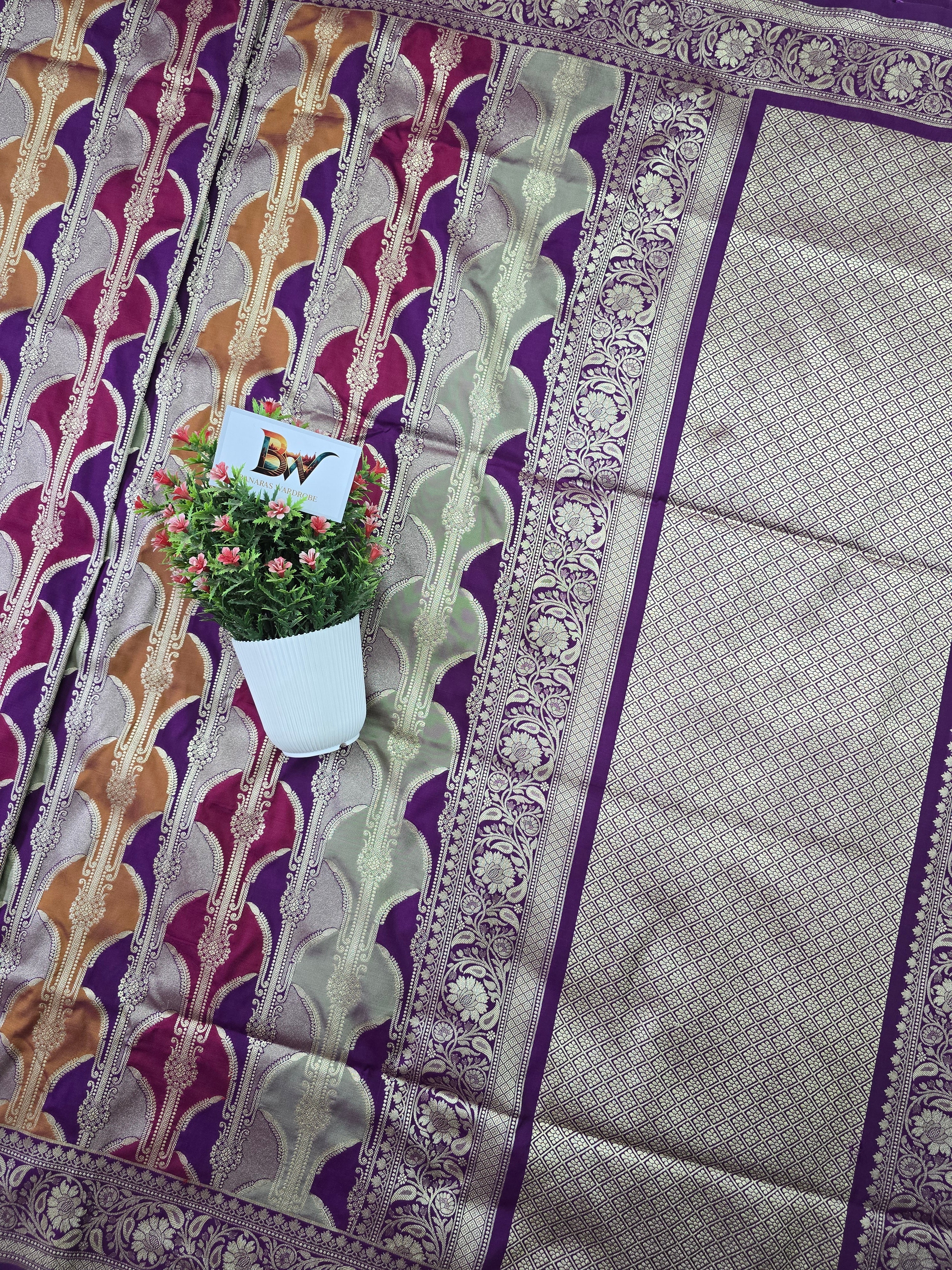 Pauri Katan Silk Rangkaat Banarasi Saree – Multicolor Weave with Floral Jaal Border