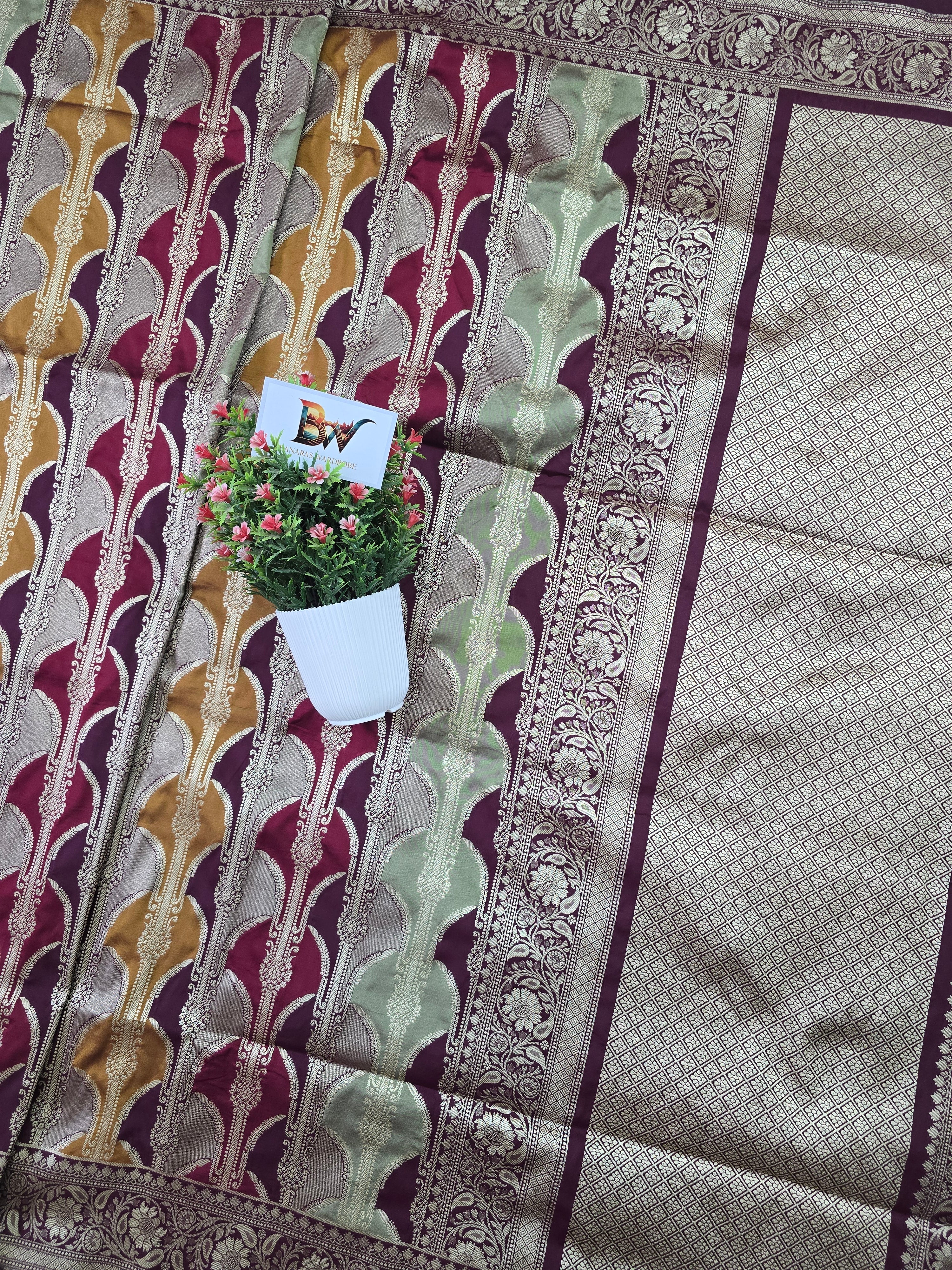 Pauri Katan Silk Rangkaat Banarasi Saree – Multicolor Weave with Floral Jaal Border