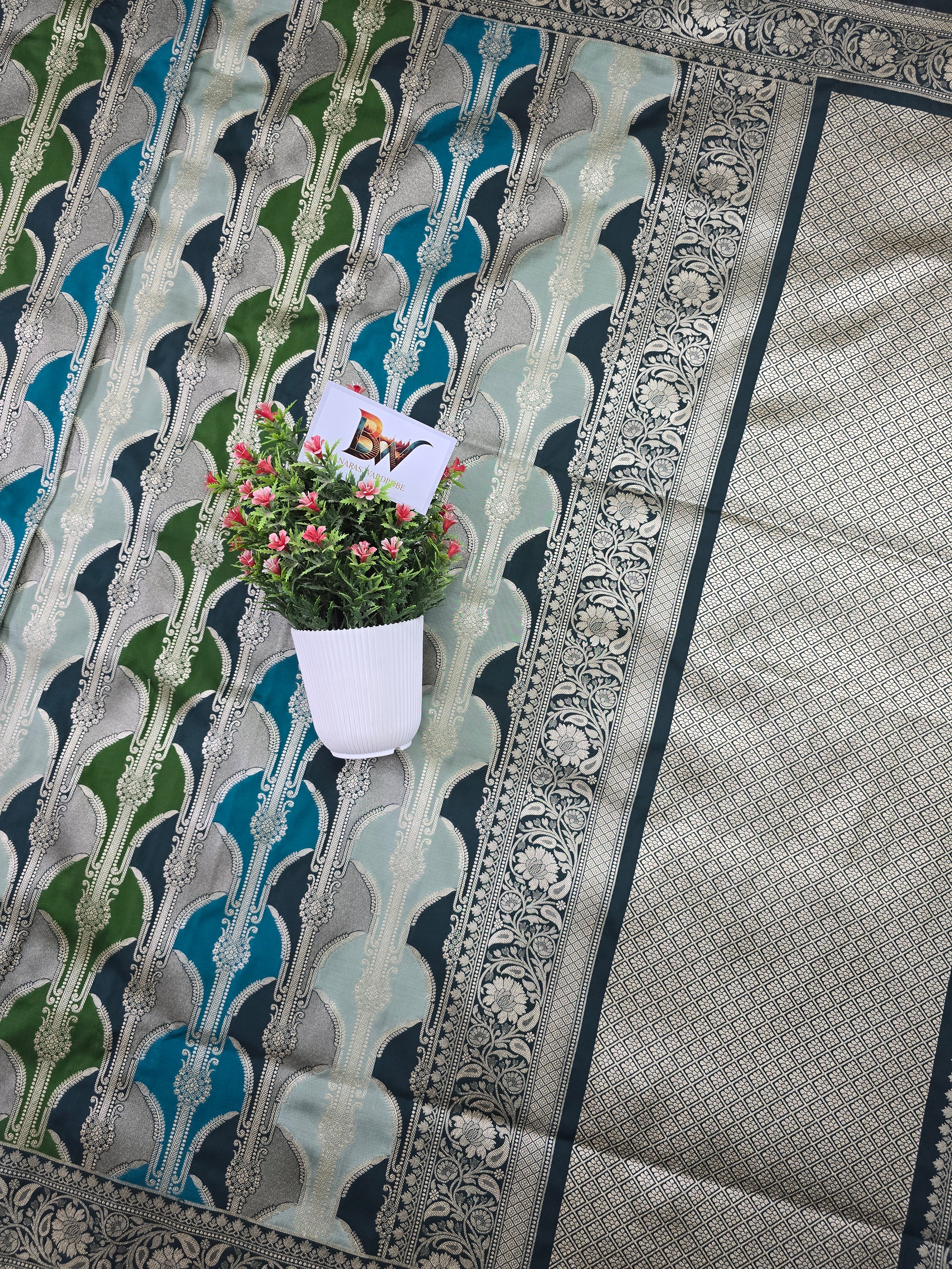 Pauri Katan Silk Rangkaat Banarasi Saree – Multicolor Weave with Floral Jaal Border