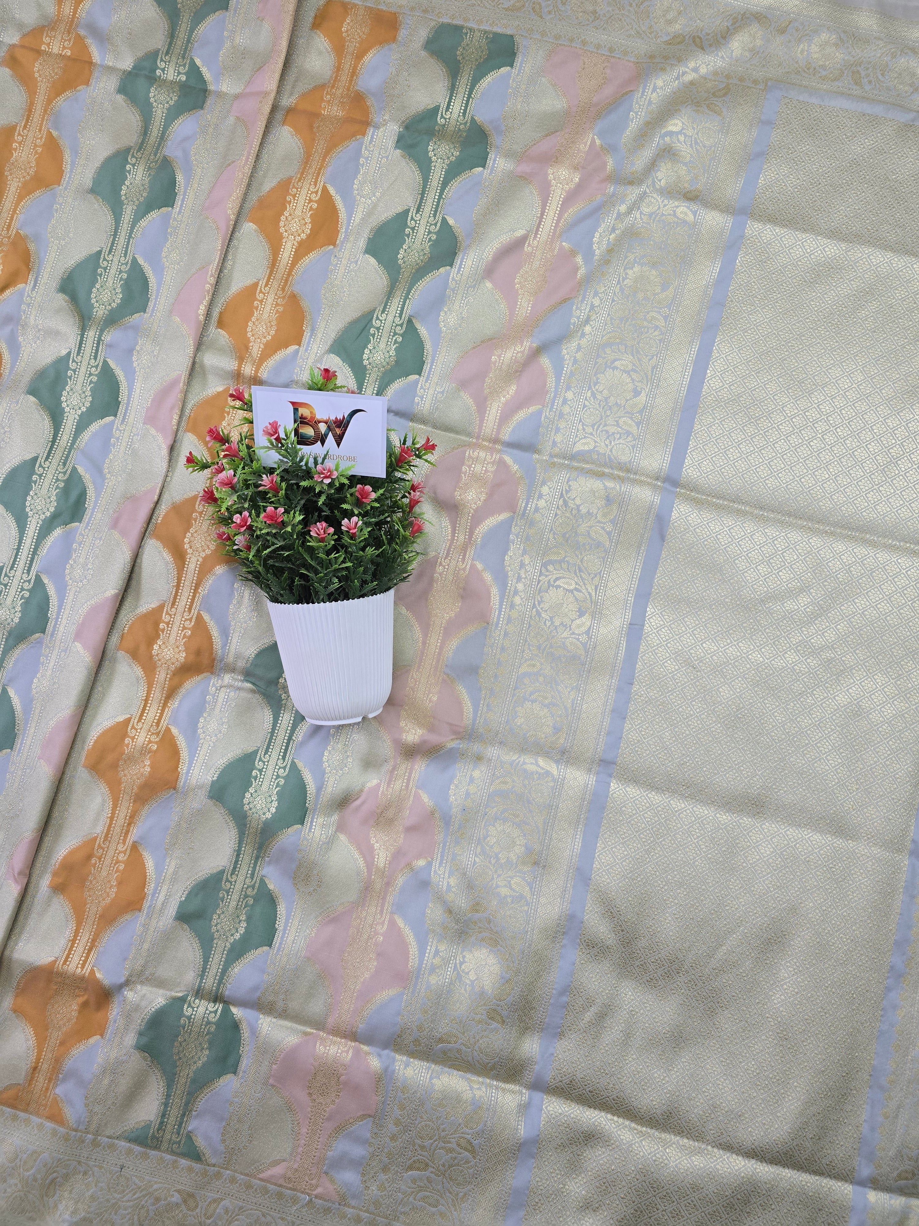 Pauri Katan Silk Rangkaat Banarasi Saree – Multicolor Weave with Floral Jaal Border