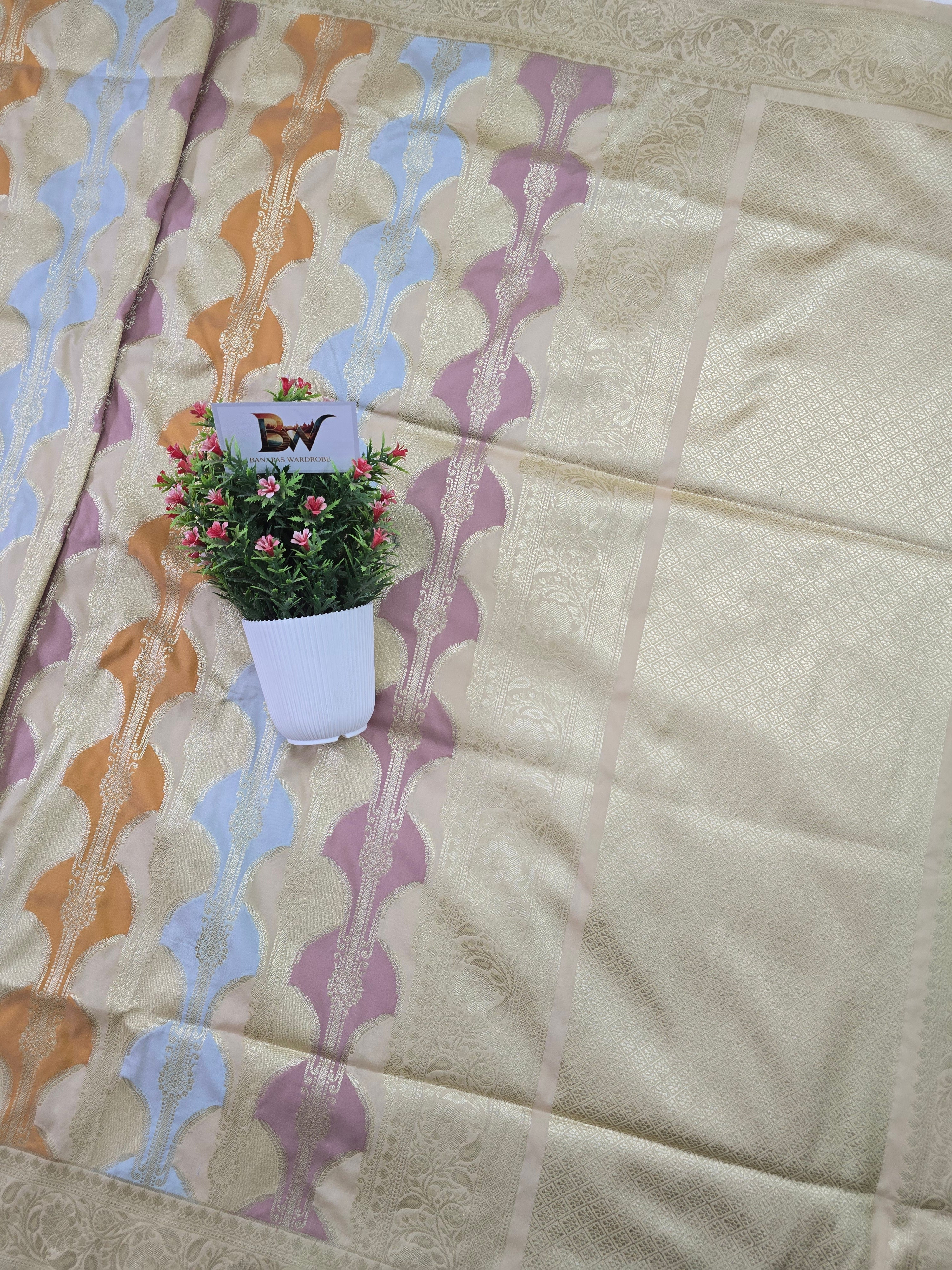 Pauri Katan Silk Rangkaat Banarasi Saree – Multicolor Weave with Floral Jaal Border