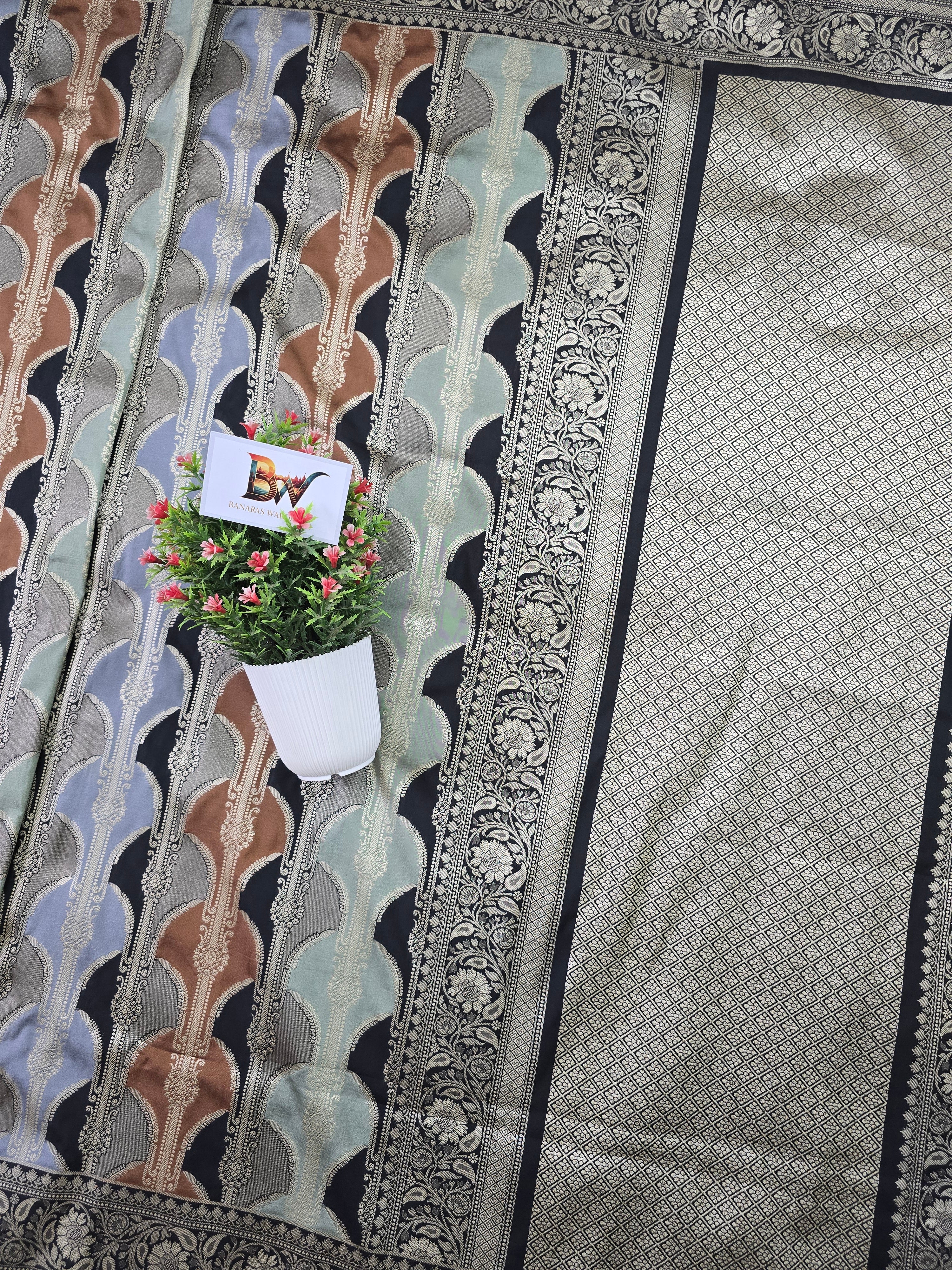 Pauri Katan Silk Rangkaat Banarasi Saree – Multicolor Weave with Floral Jaal Border