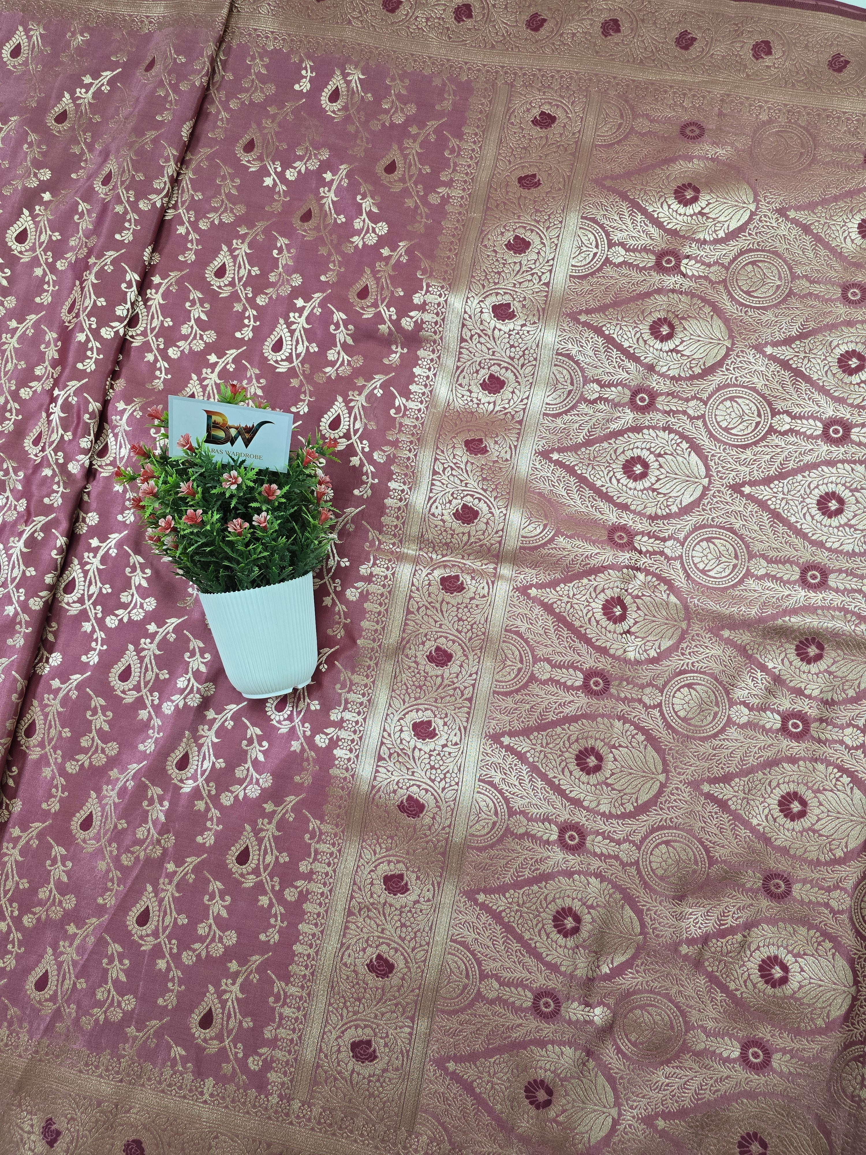 Satin Malai Katan Banarasi Saree – Meenakari Booti Jaal with Rose Gold Zari