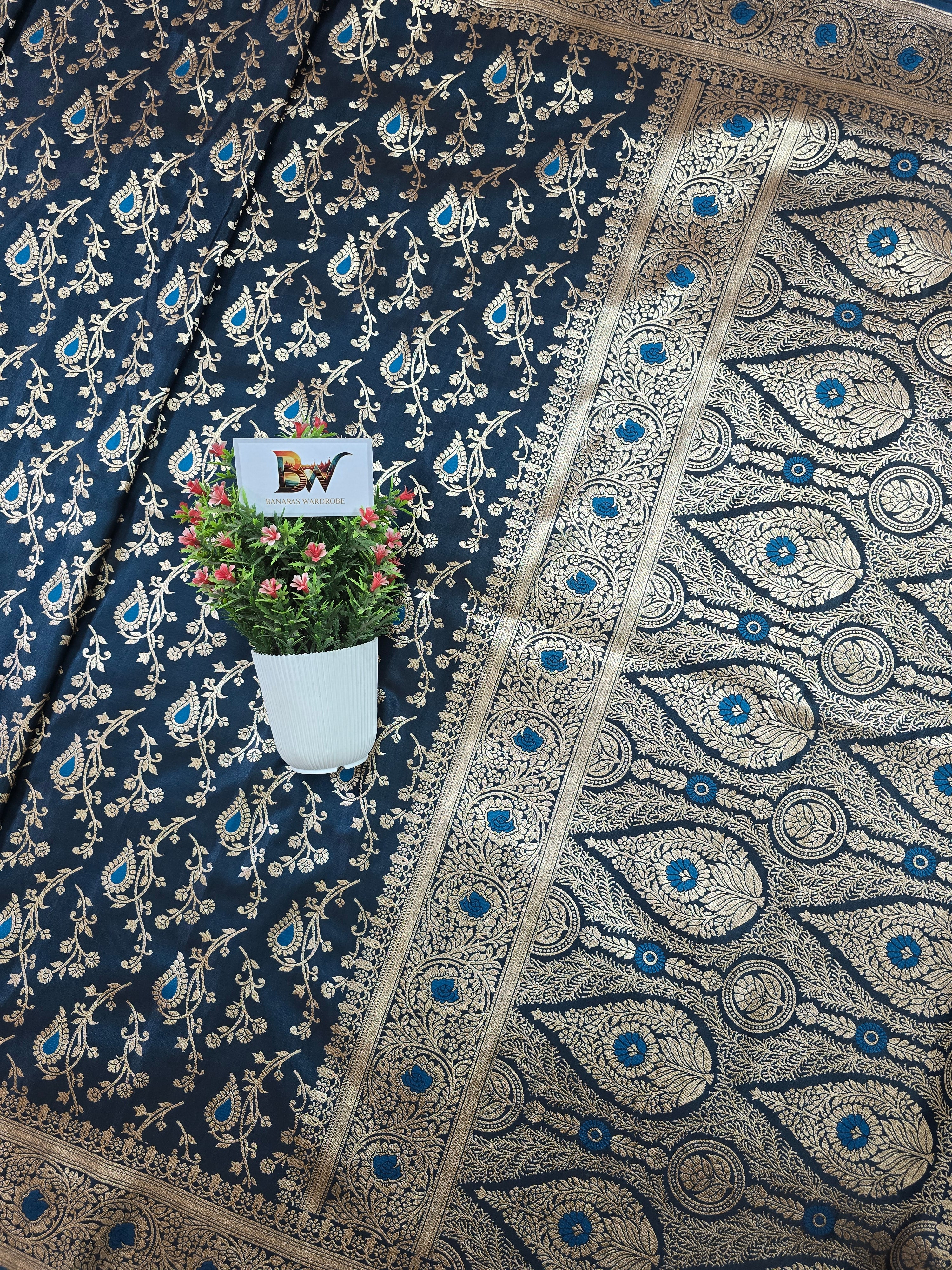 Satin Malai Katan Banarasi Saree – Meenakari Booti Jaal with Rose Gold Zari