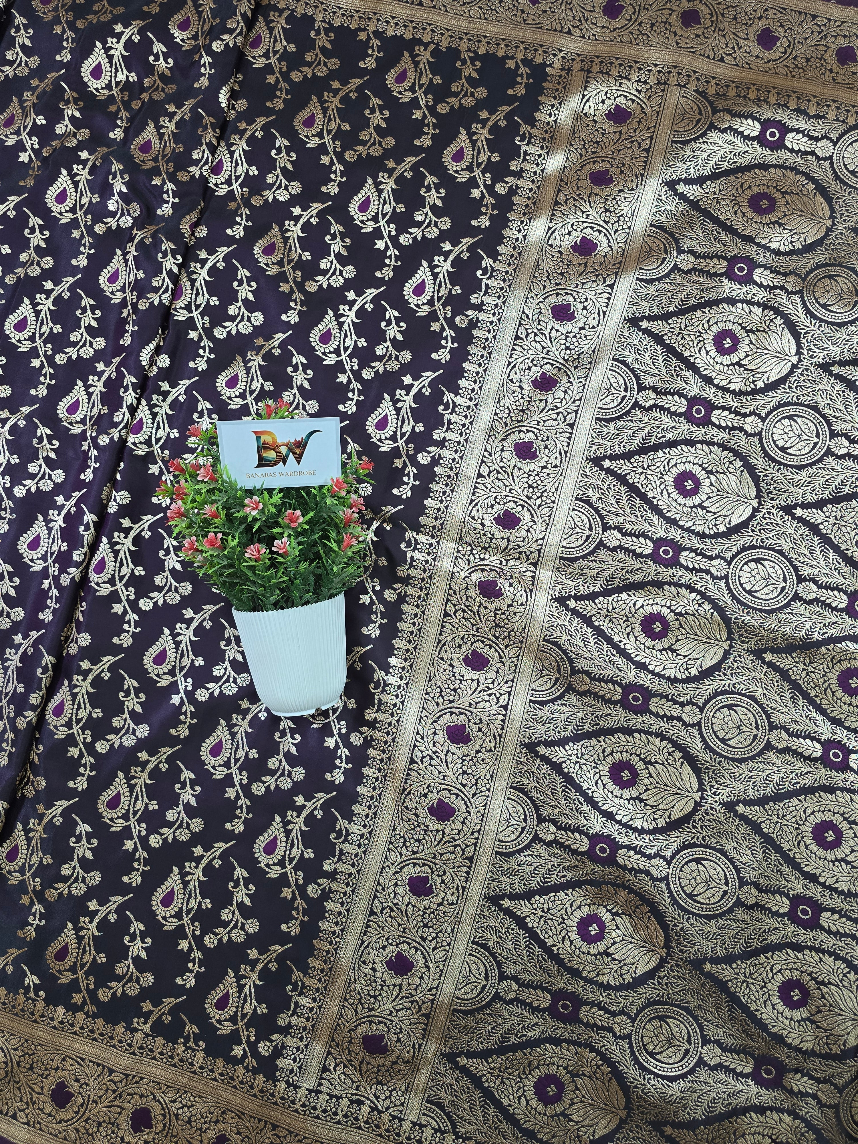 Satin Malai Katan Banarasi Saree – Meenakari Booti Jaal with Rose Gold Zari