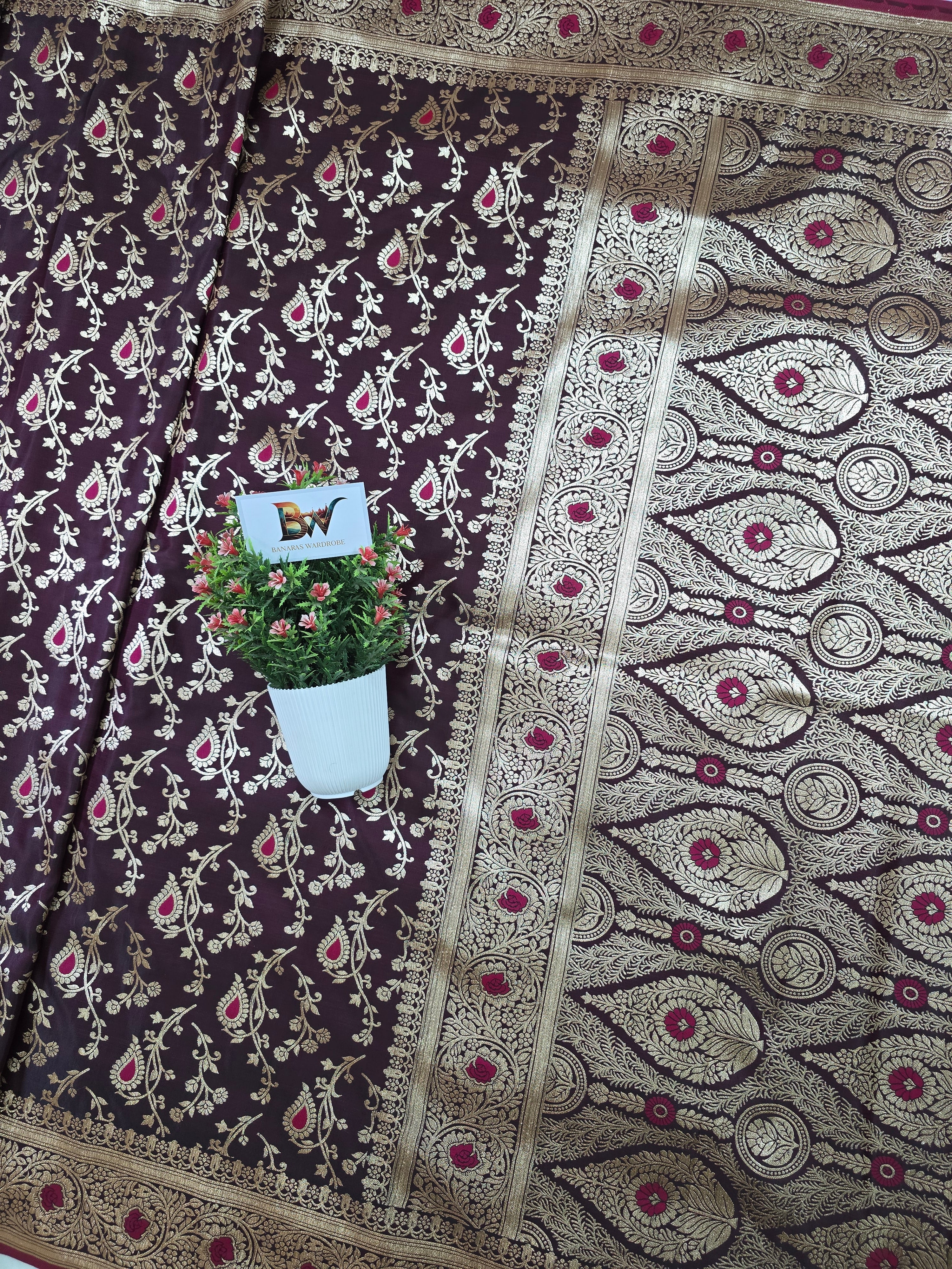 Satin Malai Katan Banarasi Saree – Meenakari Booti Jaal with Rose Gold Zari