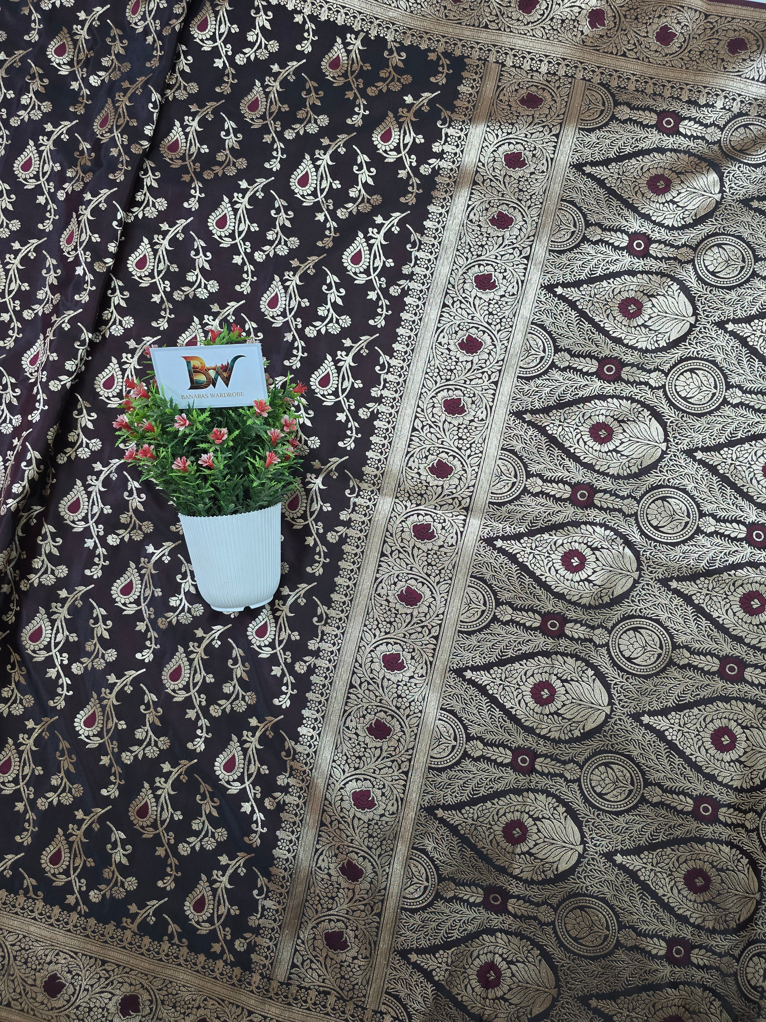 Satin Malai Katan Banarasi Saree – Meenakari Booti Jaal with Rose Gold Zari