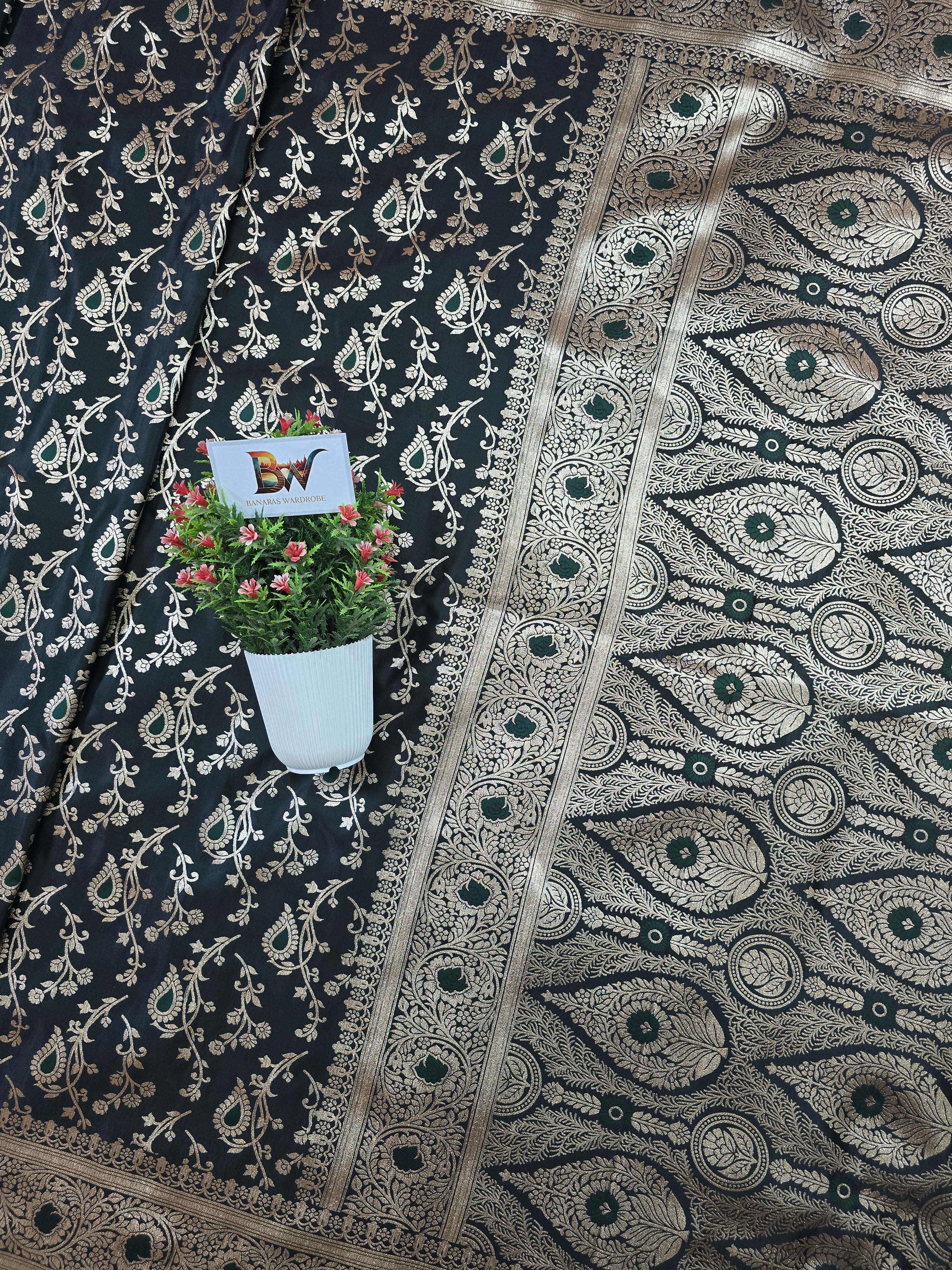 Satin Malai Katan Banarasi Saree – Meenakari Booti Jaal with Rose Gold Zari