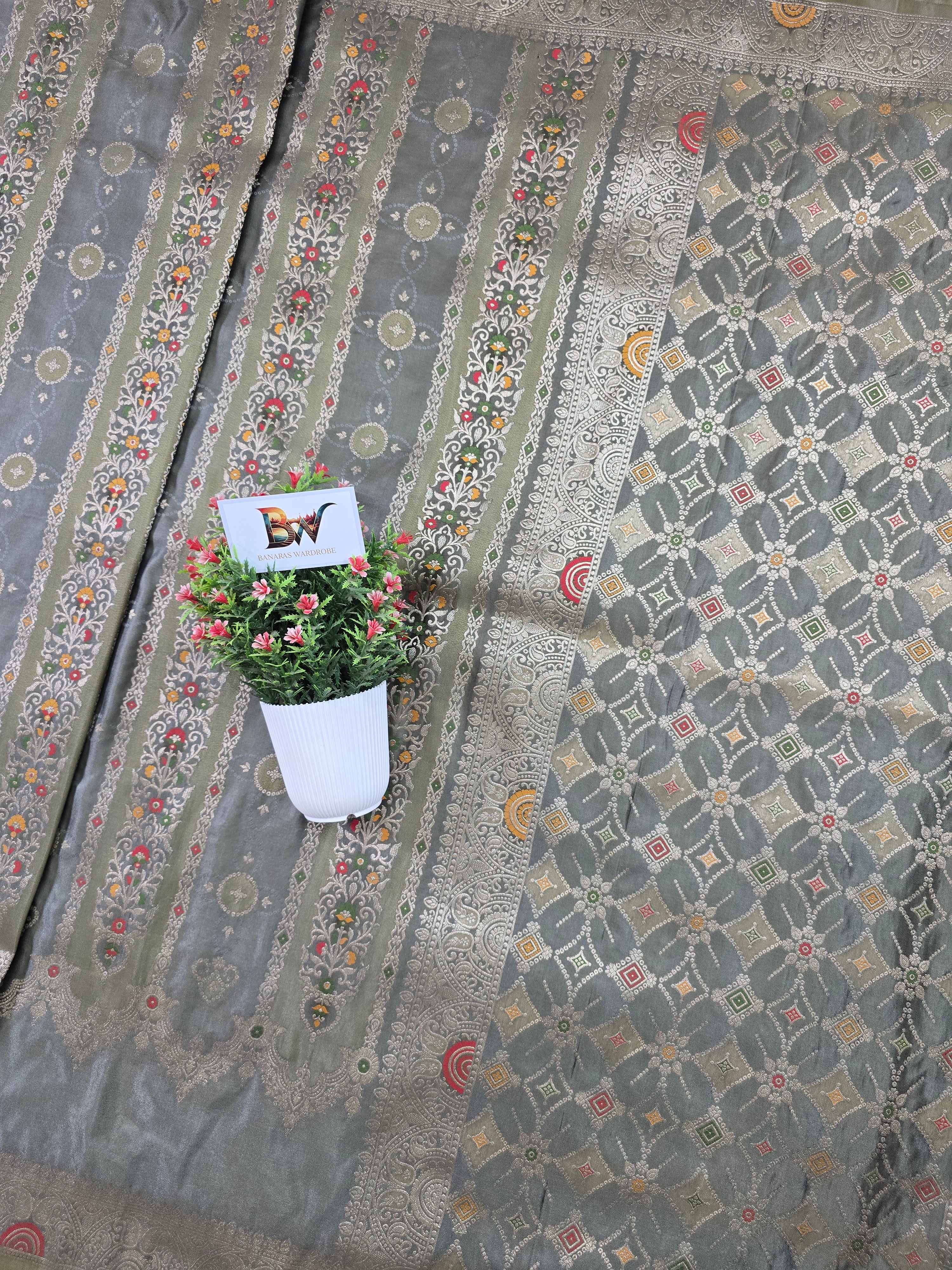 Satin Mashru Silk Tilfi Banarasi Saree with Meenakari Floral Stripe Jaal