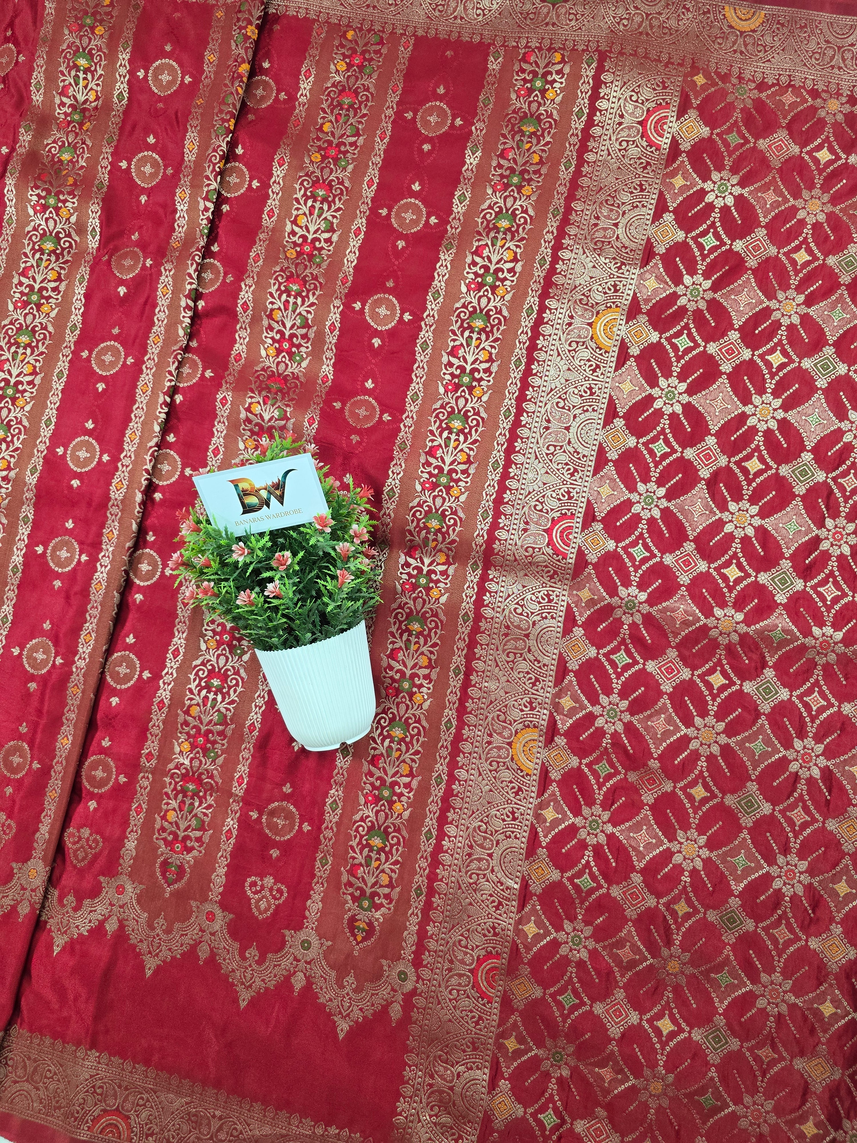 Satin Mashru Silk Tilfi Banarasi Saree with Meenakari Floral Stripe Jaal