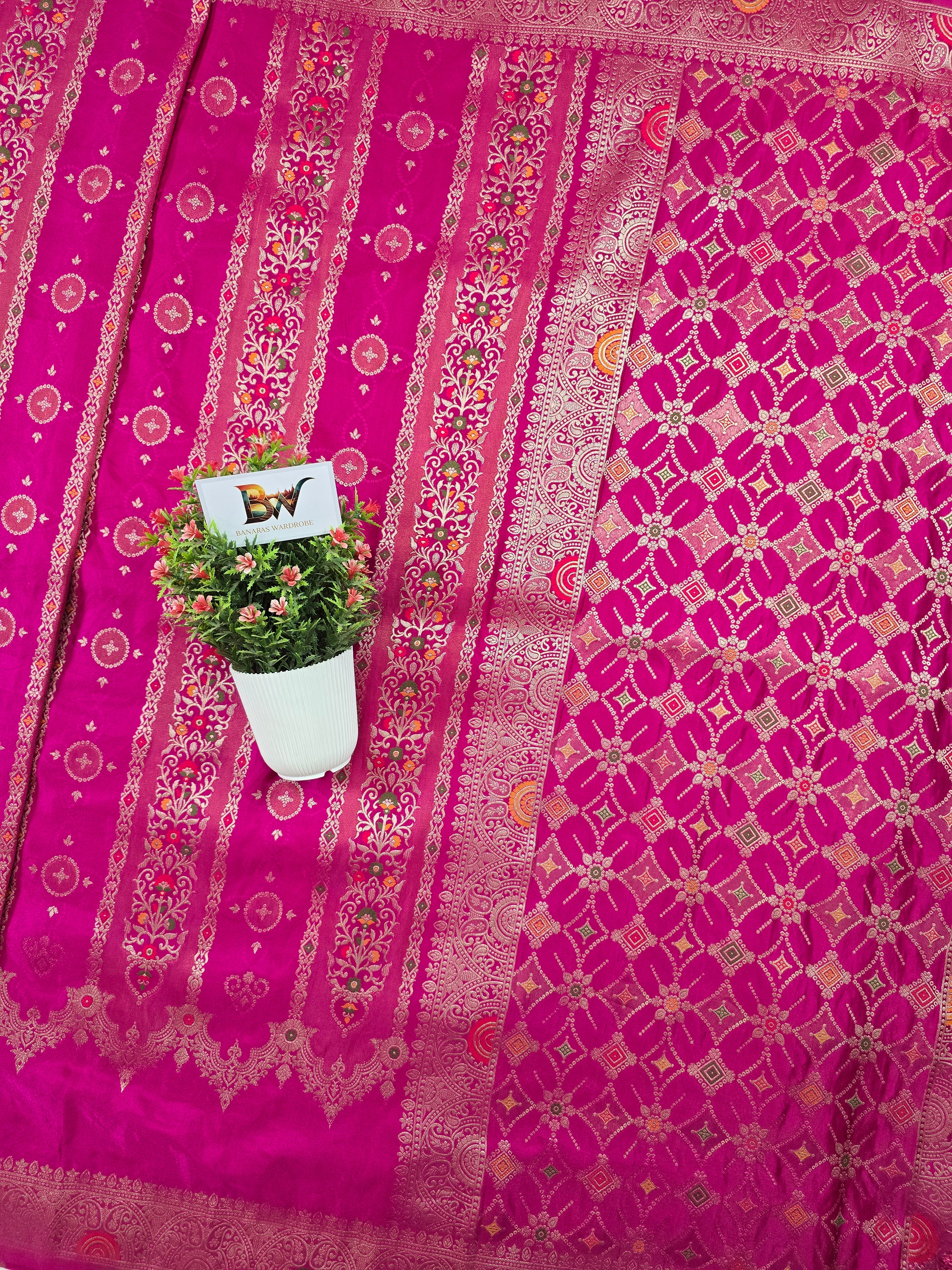 Satin Mashru Silk Tilfi Banarasi Saree with Meenakari Floral Stripe Jaal