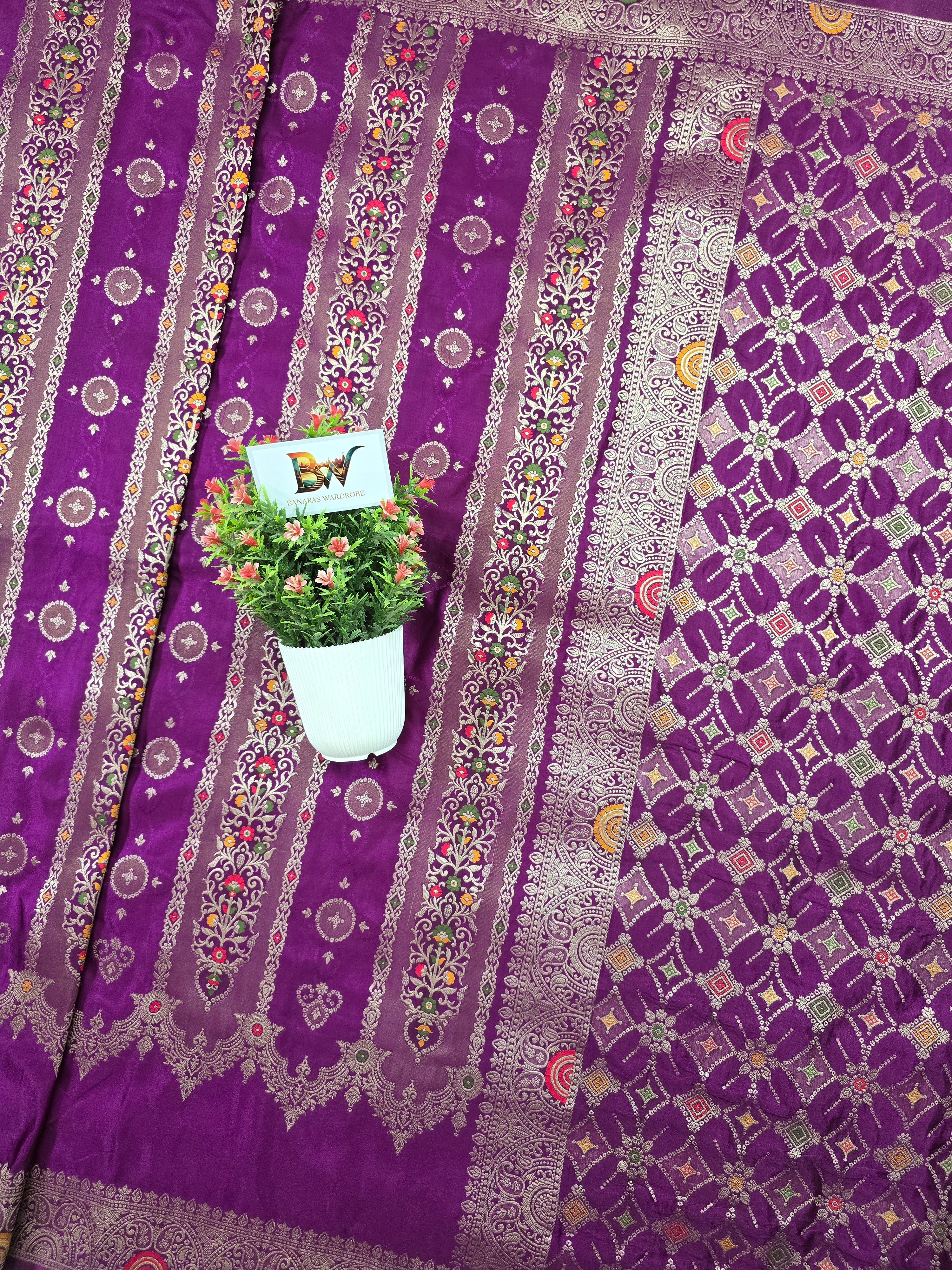 Satin Mashru Silk Tilfi Banarasi Saree with Meenakari Floral Stripe Jaal