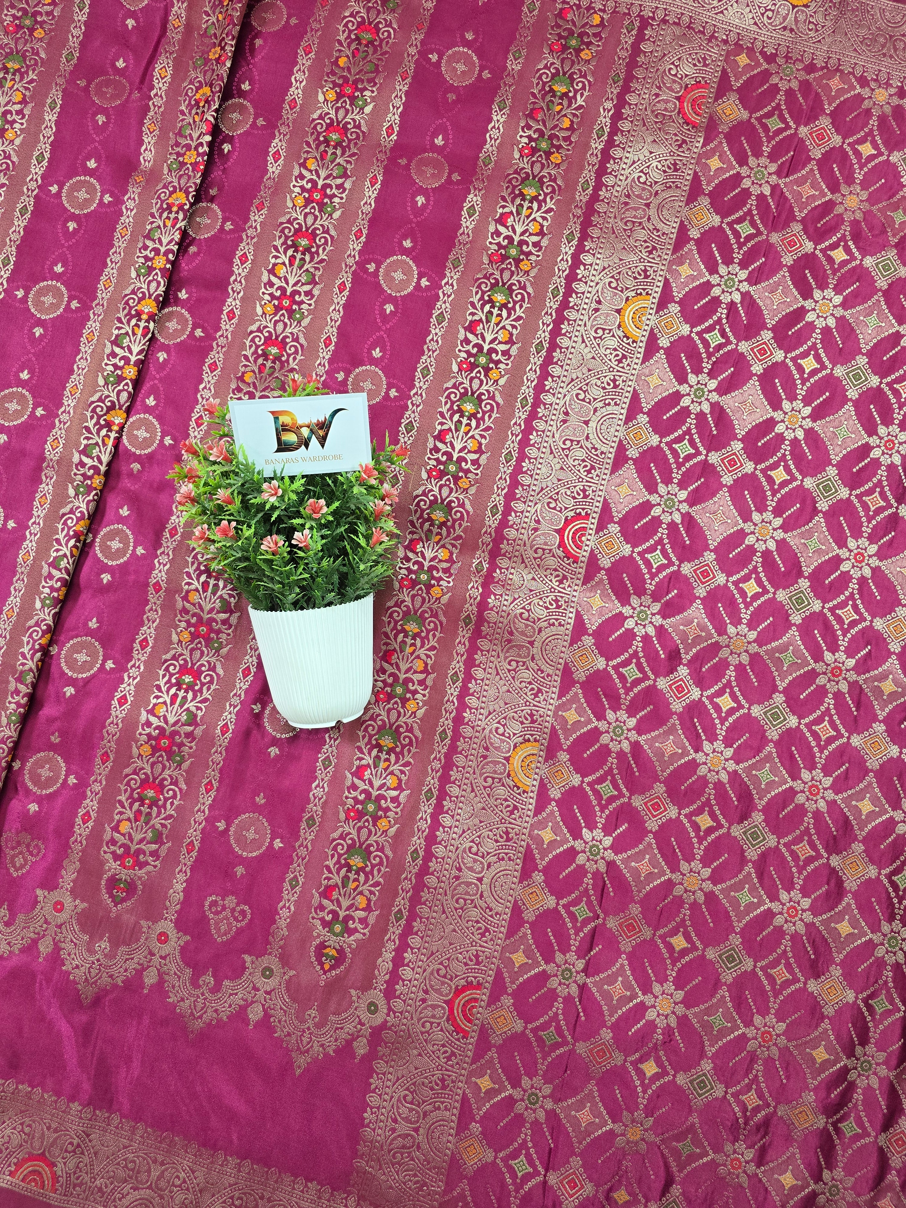 Satin Mashru Silk Tilfi Banarasi Saree with Meenakari Floral Stripe Jaal