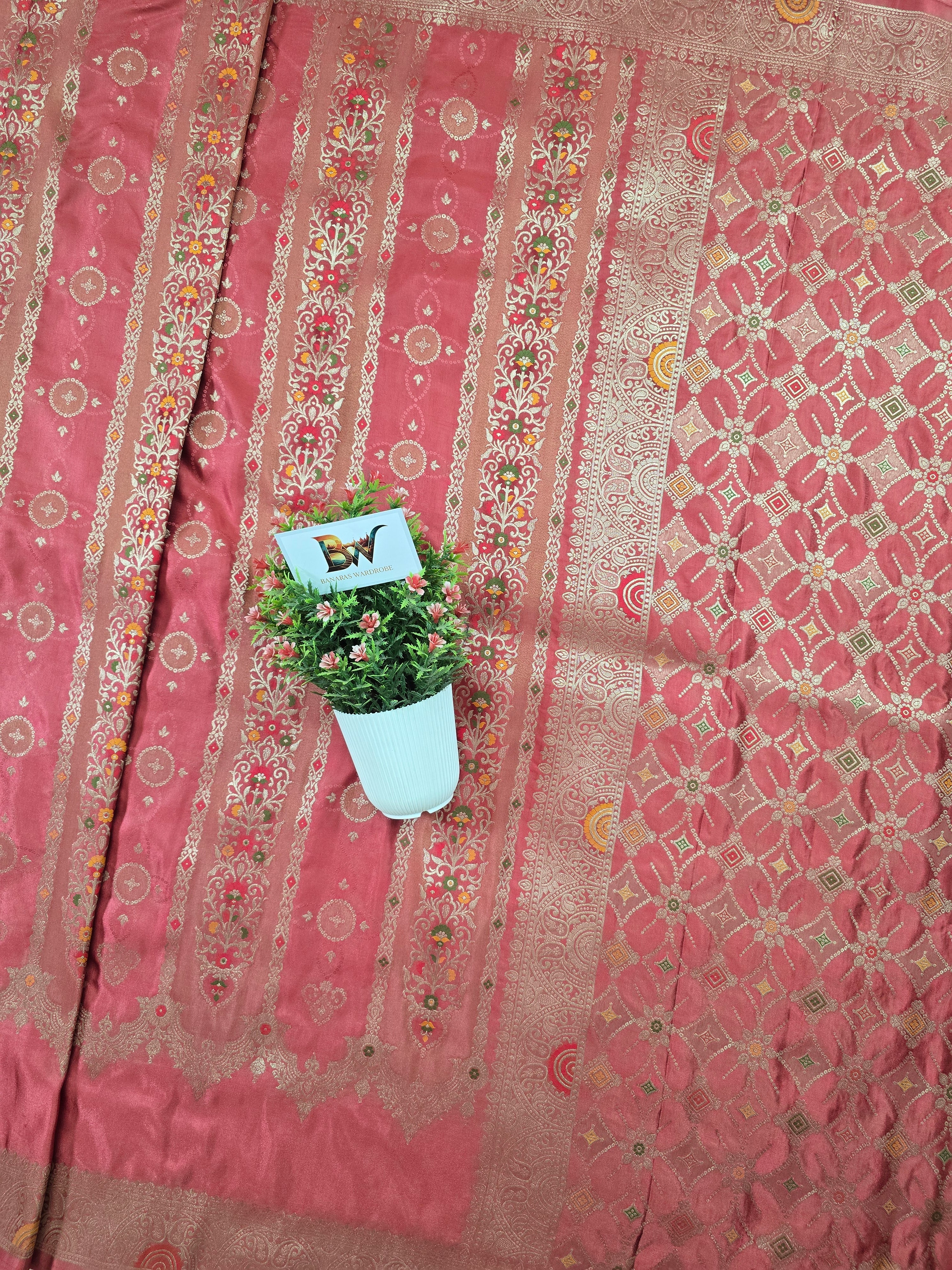 Satin Mashru Silk Tilfi Banarasi Saree with Meenakari Floral Stripe Jaal