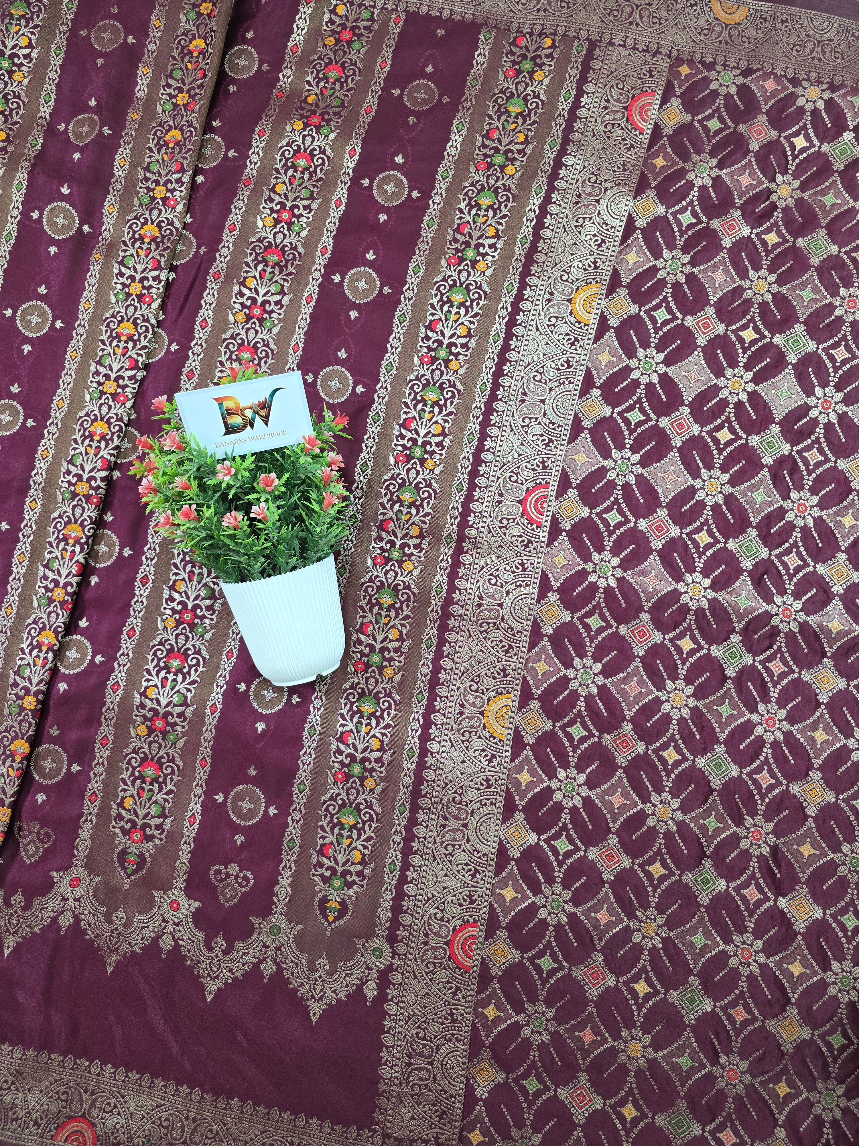 Satin Mashru Silk Tilfi Banarasi Saree with Meenakari Floral Stripe Jaal