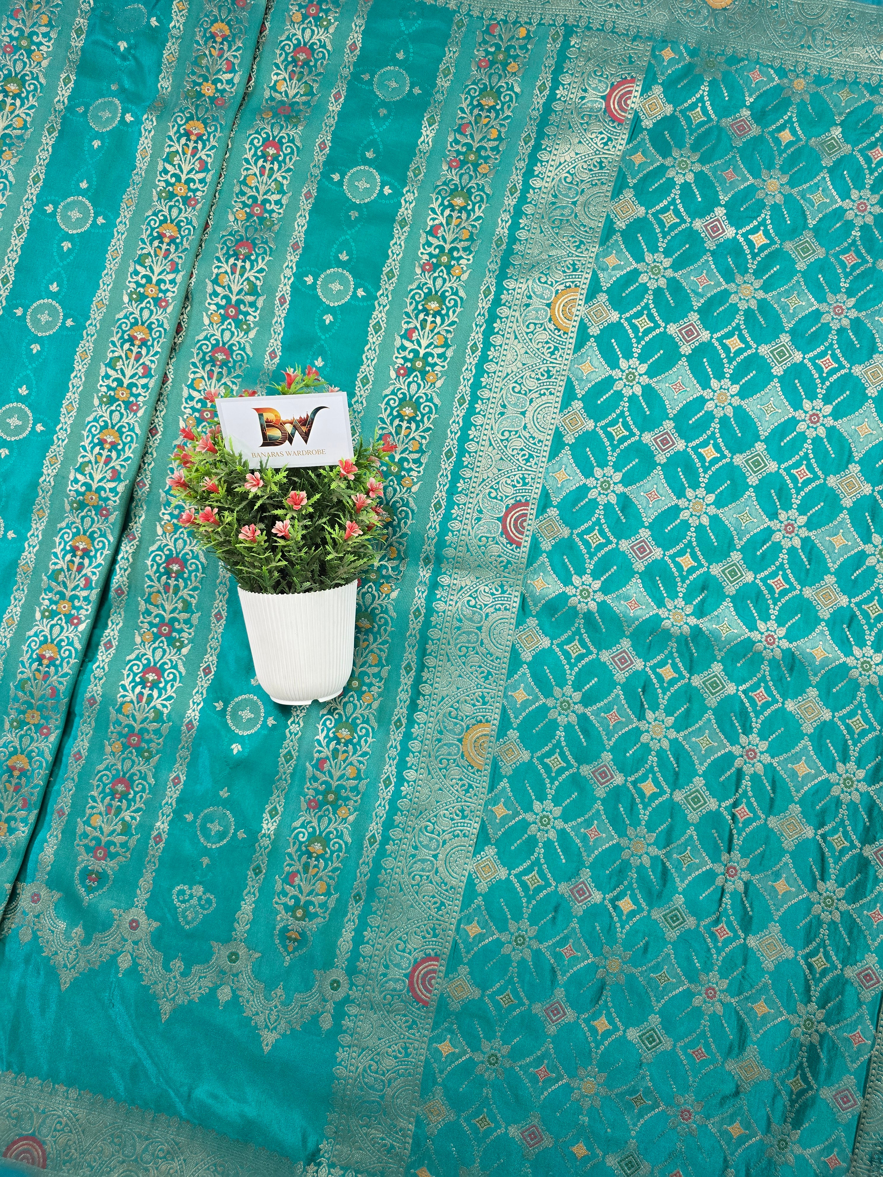 Satin Mashru Silk Tilfi Banarasi Saree with Meenakari Floral Stripe Jaal