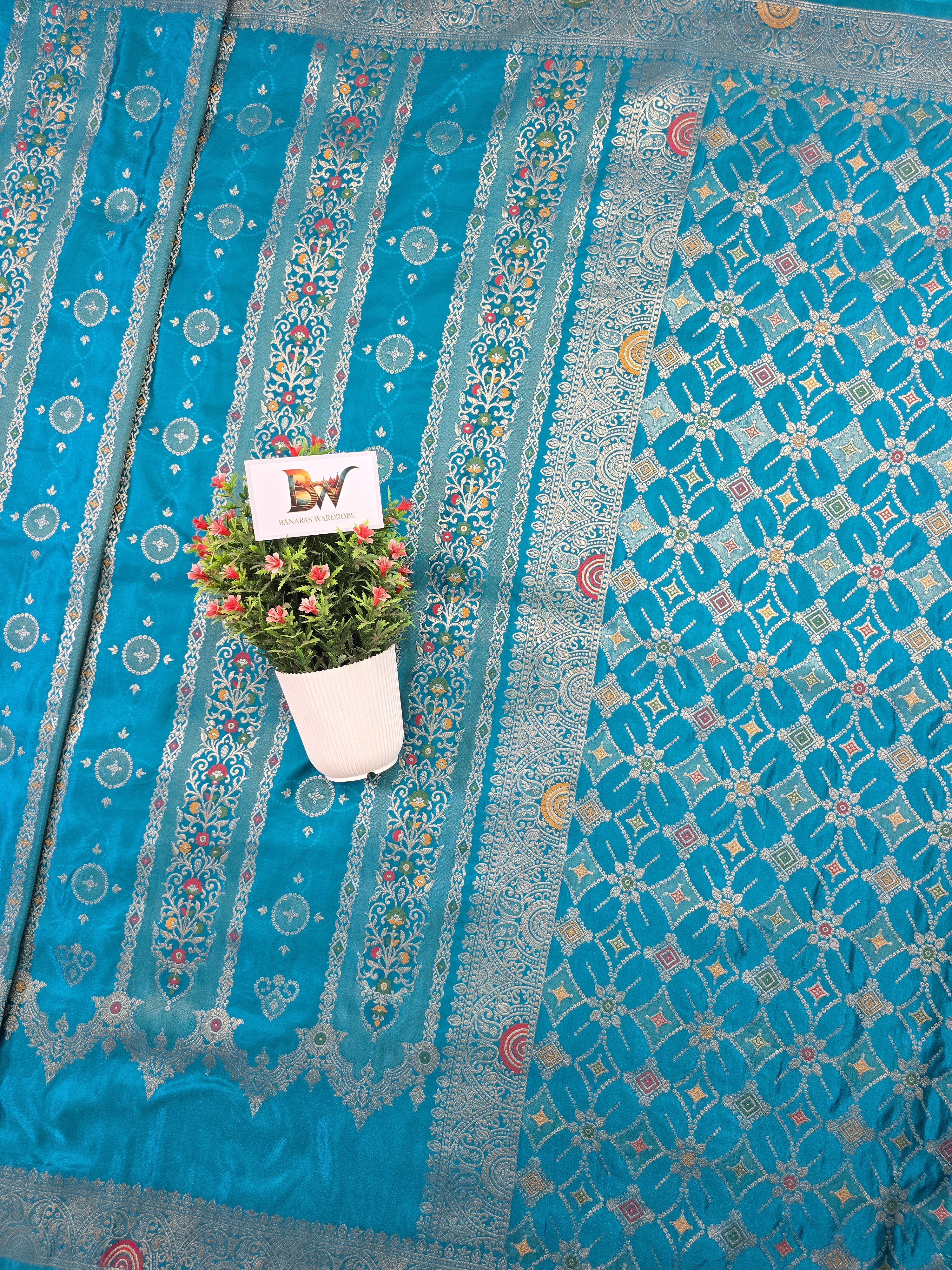 Satin Mashru Silk Tilfi Banarasi Saree with Meenakari Floral Stripe Jaal