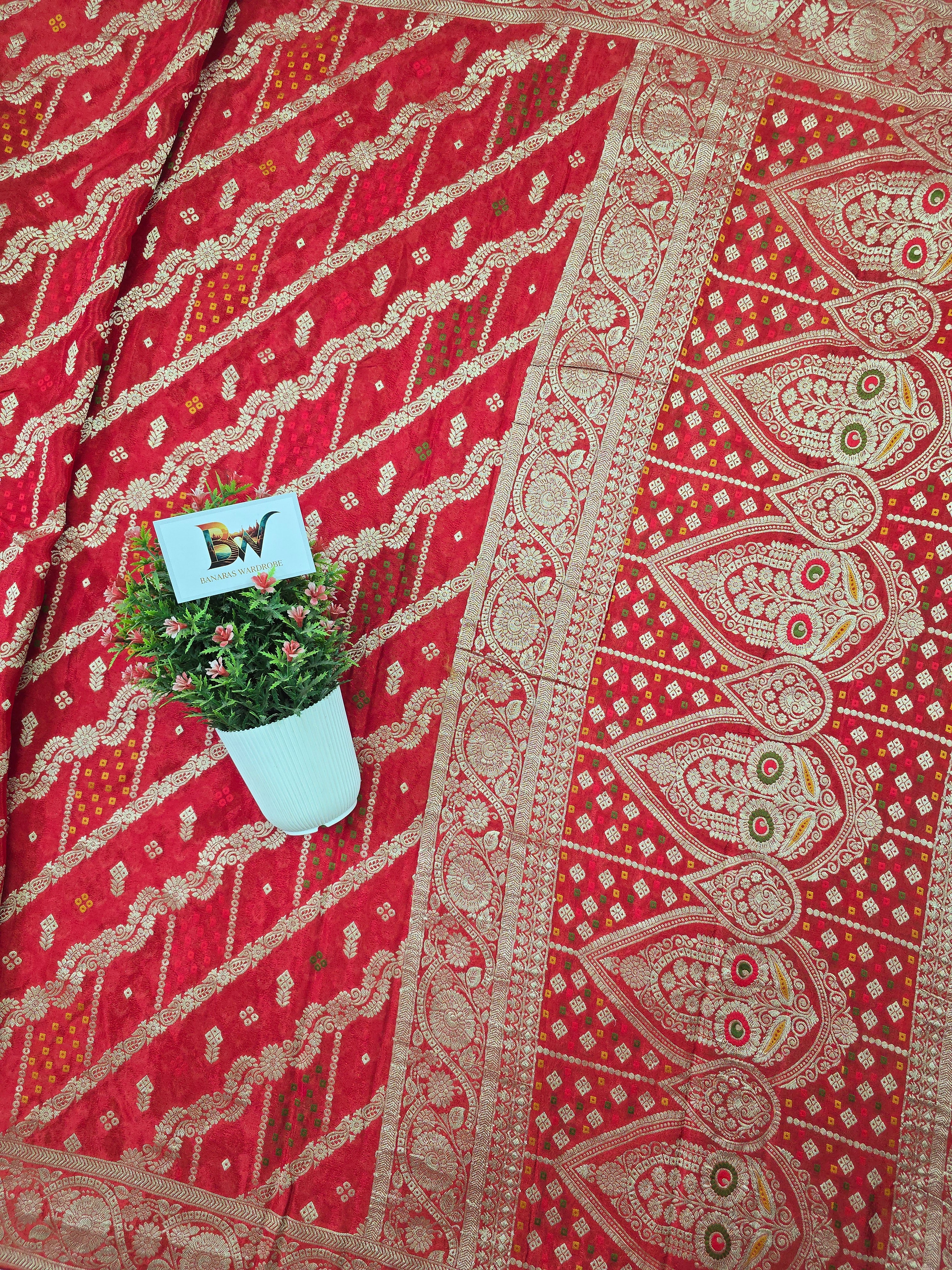 Crush Crepe Banarasi Bandhej Saree – Red with Alfi Meenakari Jaal
