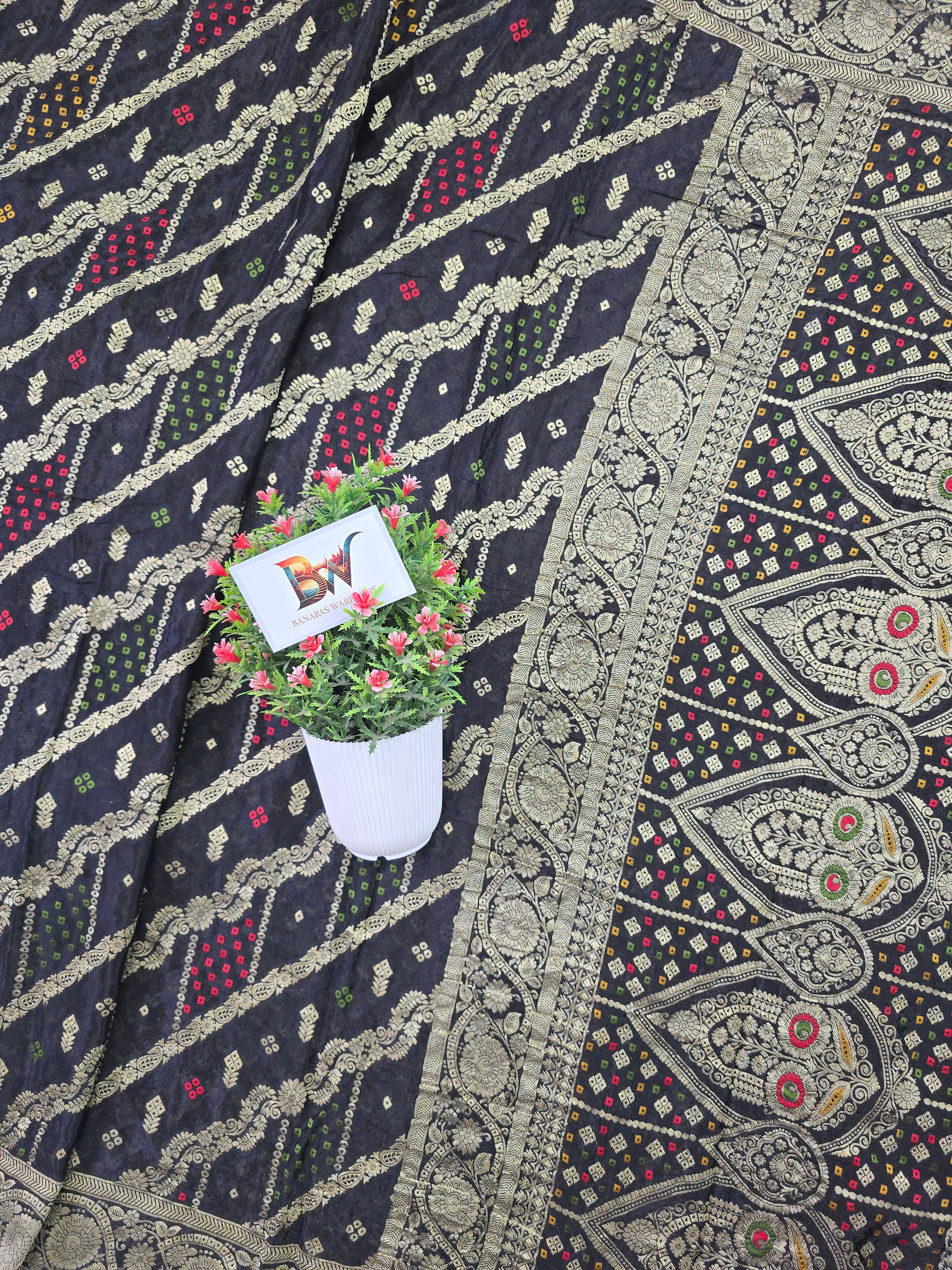 Crush Crepe Banarasi Bandhej Saree – Black with Alfi Meenakari Jaal