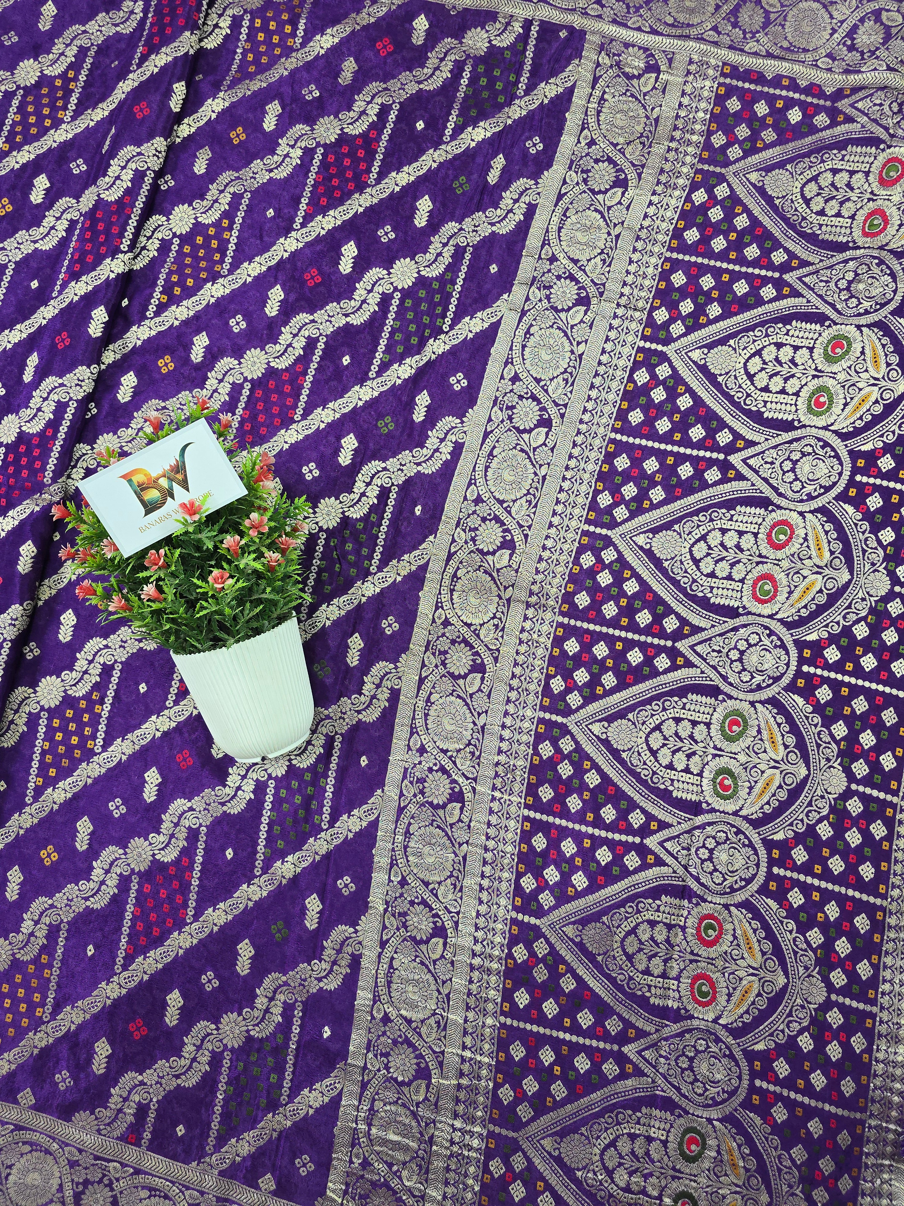 Crush Crepe Banarasi Bandhej Saree – Royal Purple with Alfi Meenakari Jaal