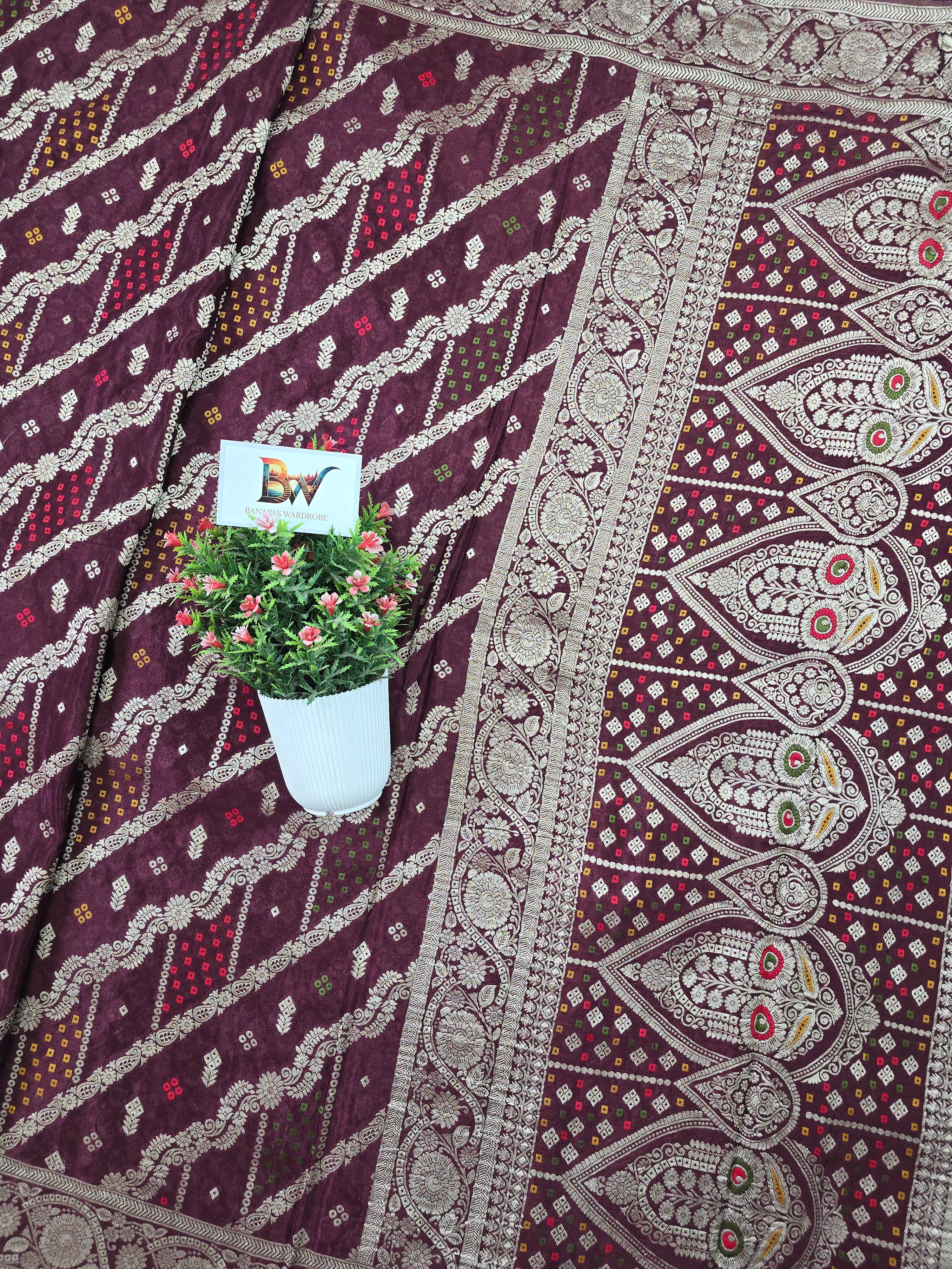 Crush Crepe Banarasi Bandhej Saree – Brown with Alfi Meenakari Jaal