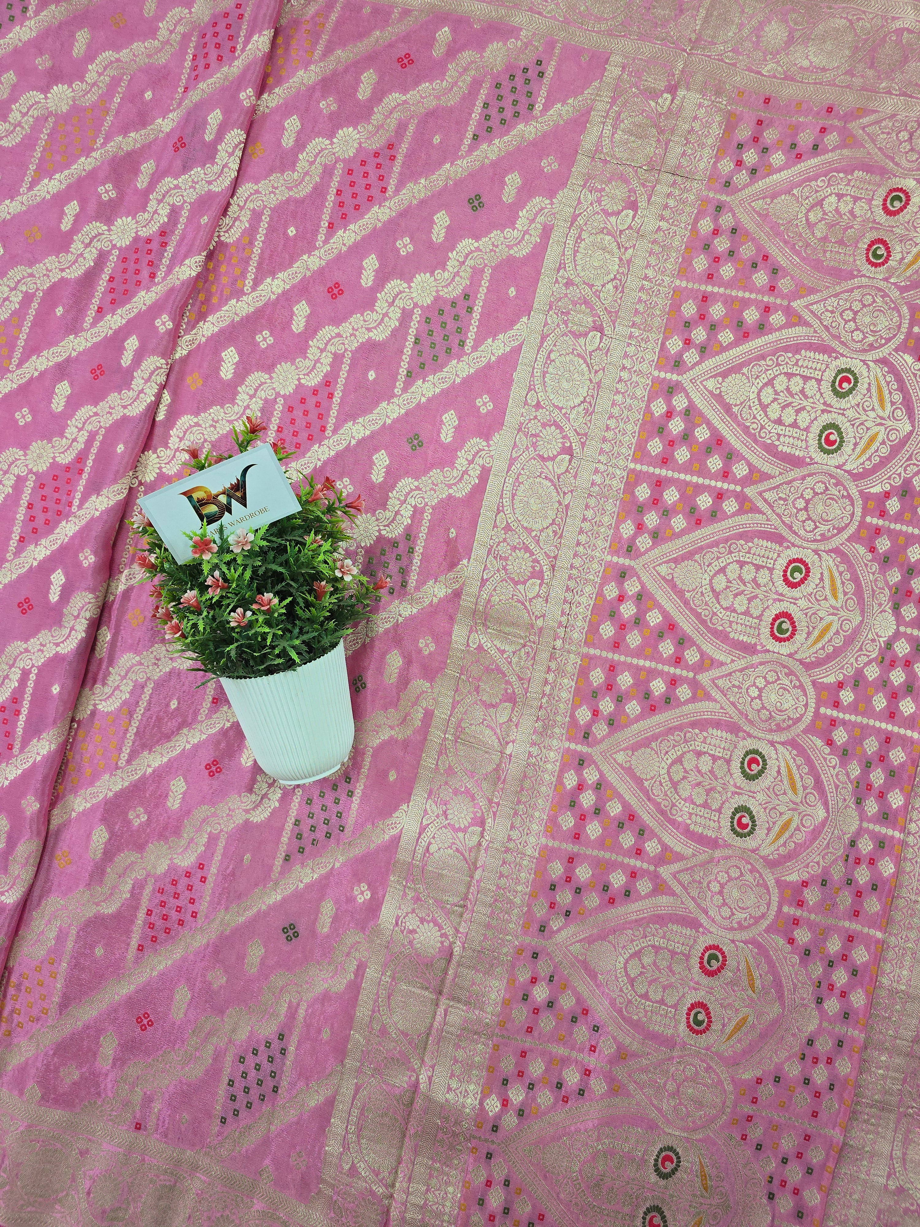 Crush Crepe Banarasi Bandhej Saree – Baby Pink with Alfi Meenakari Jaal