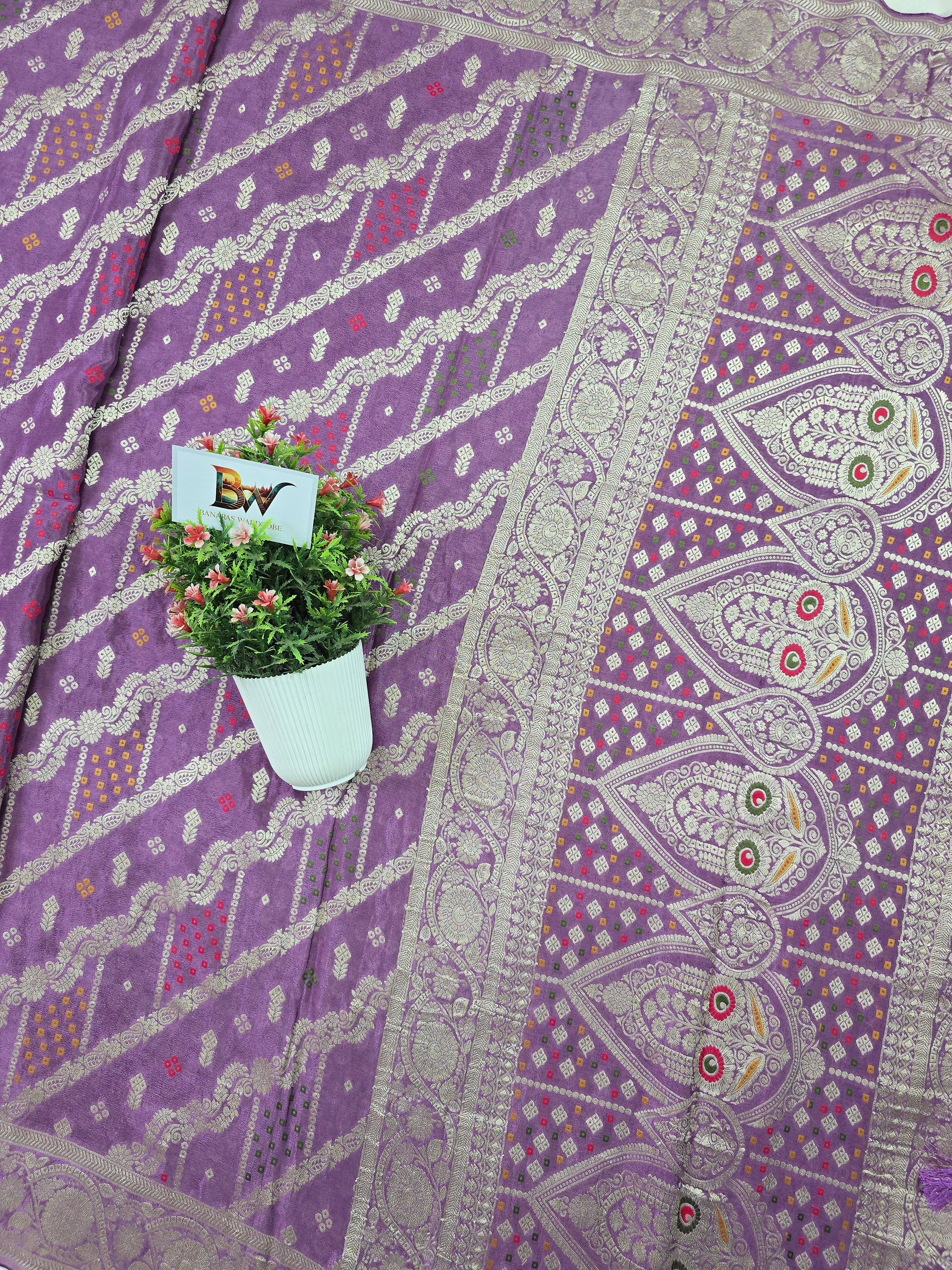 Crush Crepe Banarasi Bandhej Saree – Lavender with Alfi Meenakari Jaal