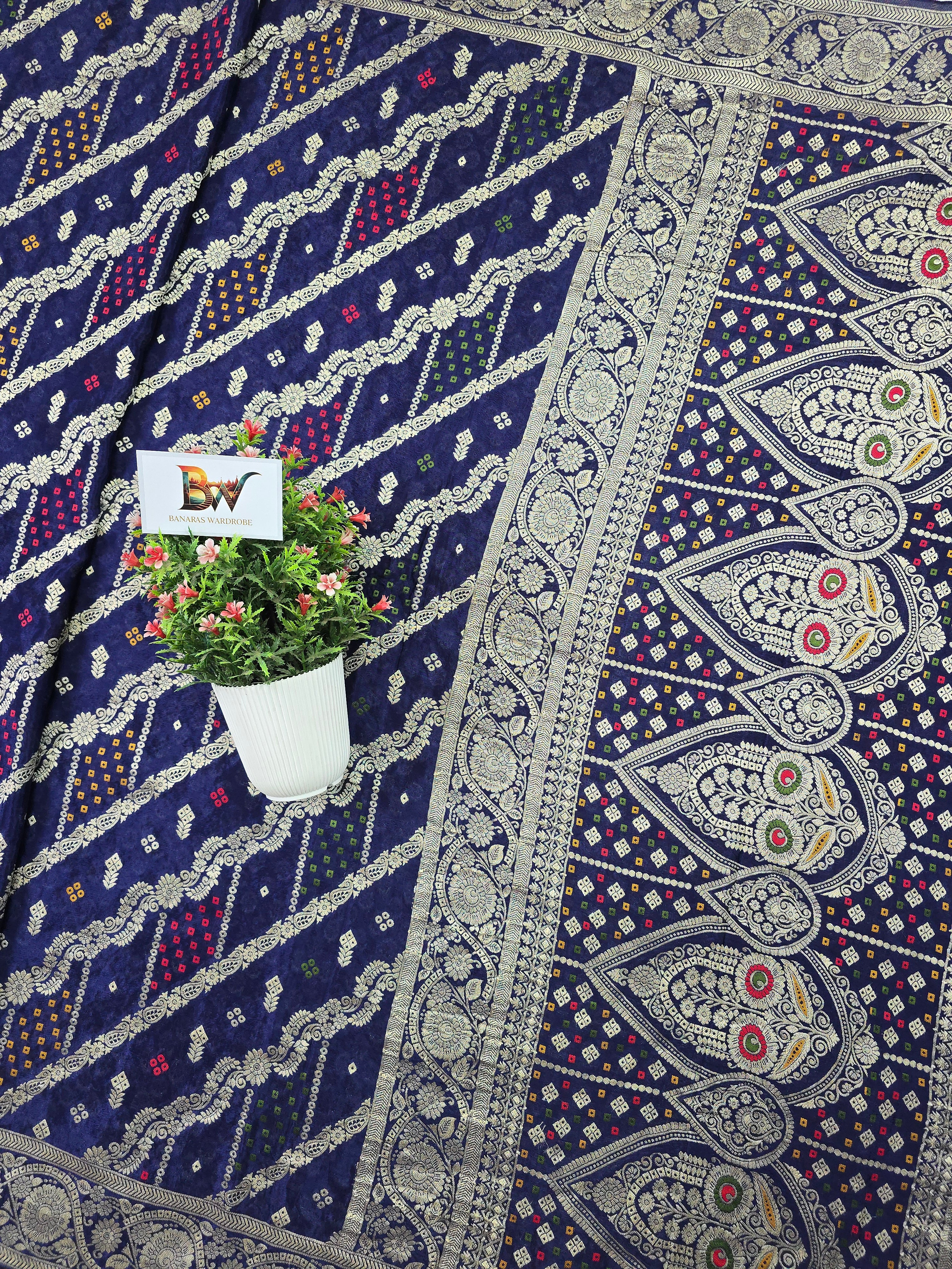 Crush Crepe Banarasi Bandhej Saree – Navy Blue with Alfi Meenakari Jaal