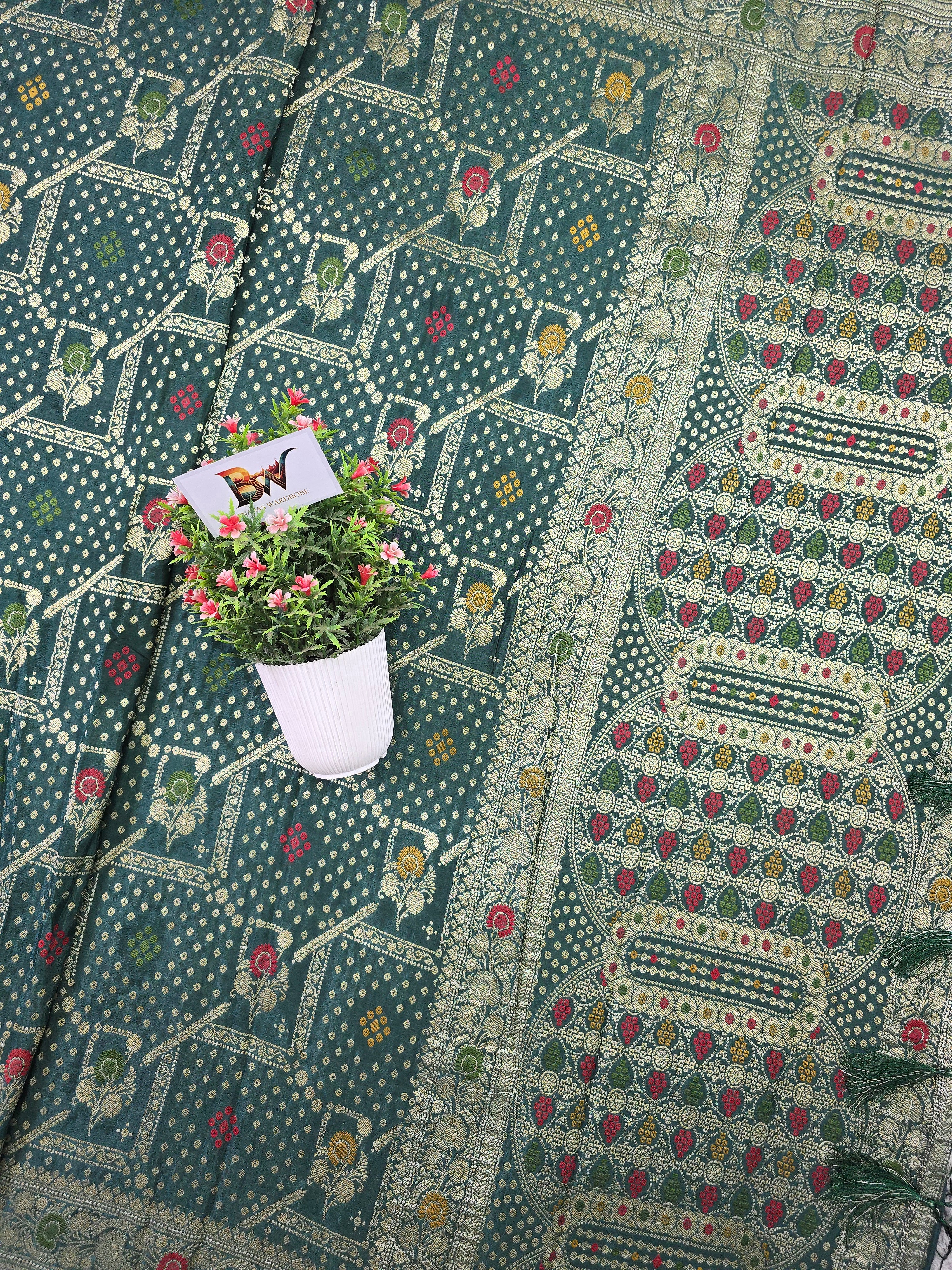 Crush Crepe Alfi Bandhej Saree – Sea Green with Meenakari Flower Bootas