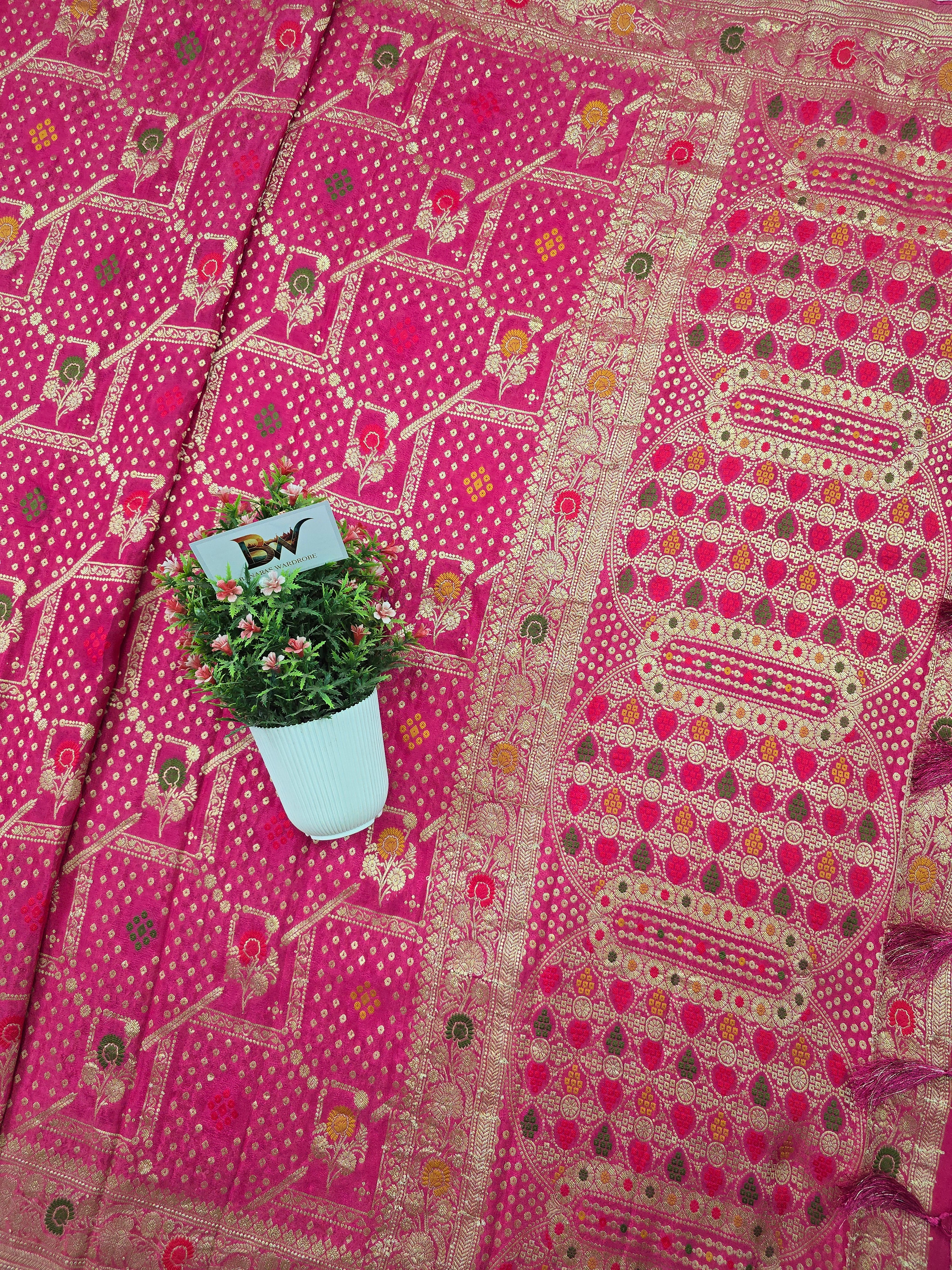 Crush Crepe Alfi Bandhej Saree – Rani Pink with Meenakari Flower Bootas