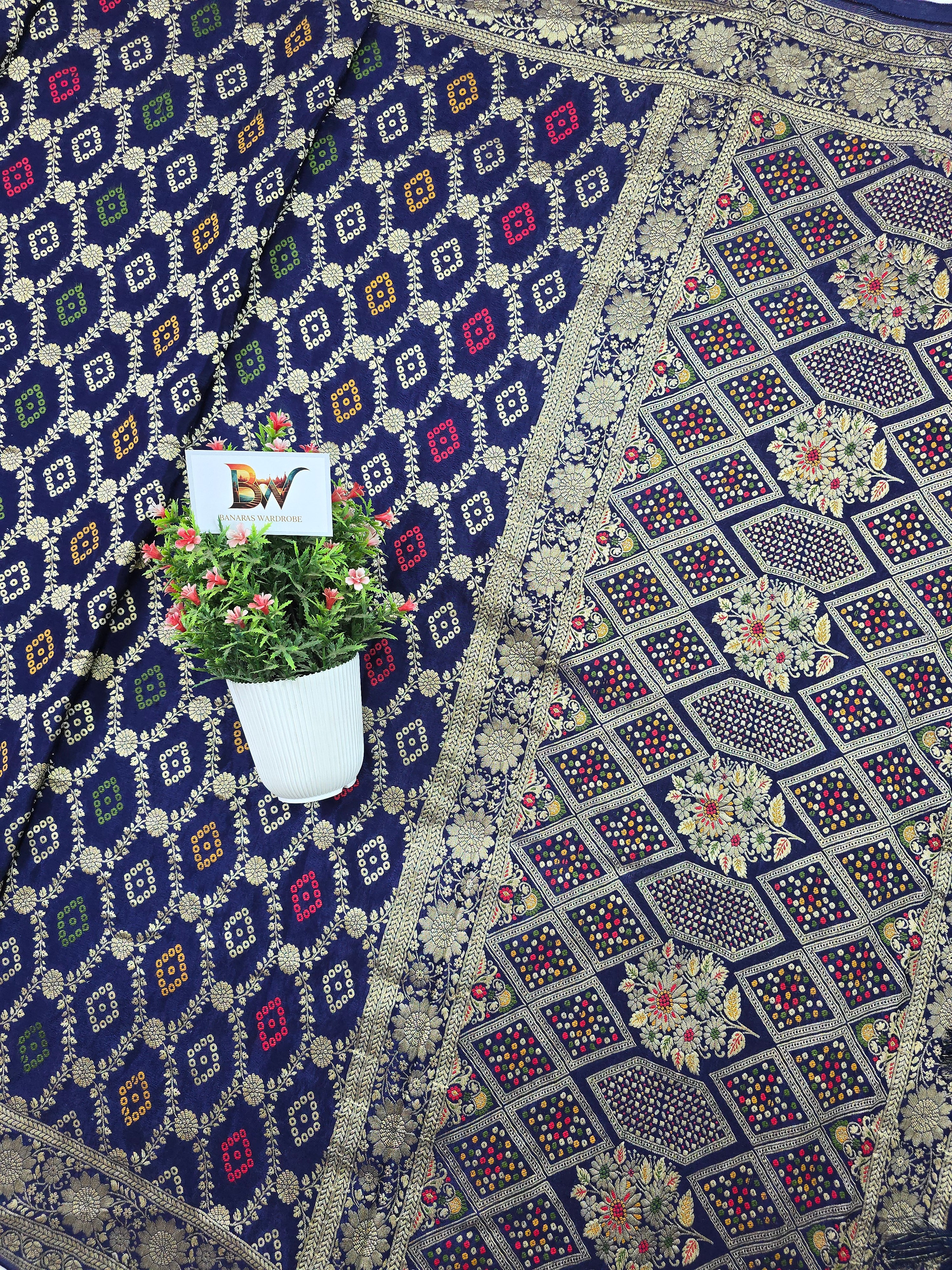 Crush Crepe Alfi Bandhej Saree – Navy Blue with Multicolour Meenakari Boota